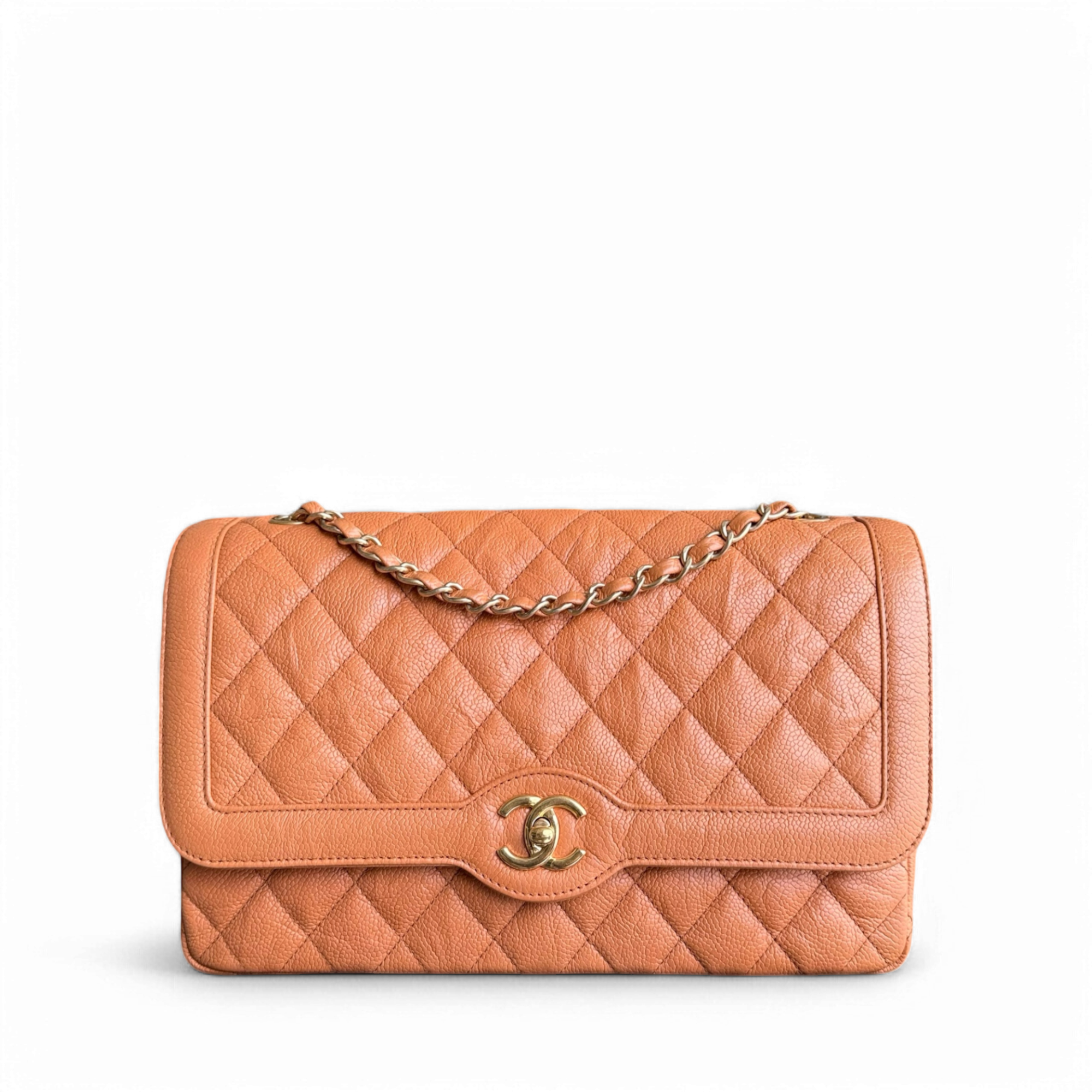 Chanel Seasonal Flap Two-tone - Caviar Quilted Caramel Orange Gold Hardware Series 21