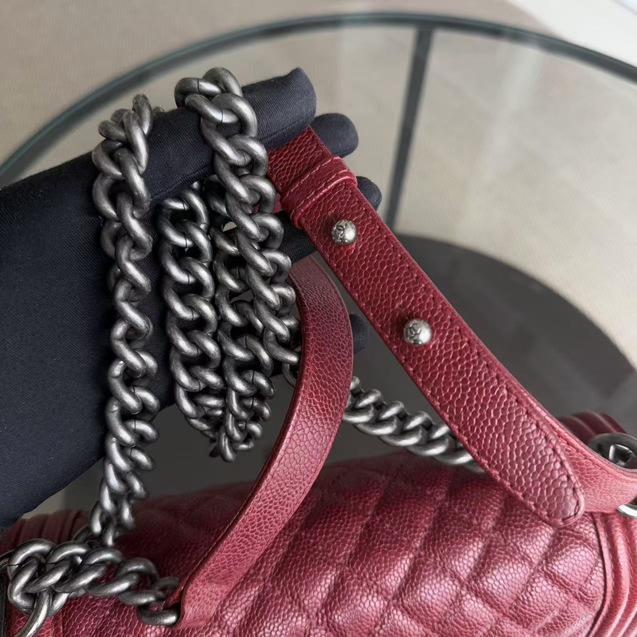 Chanel Boy Medium - Caviar 25CM Quilted Burgundy Dark Red Ruthenium Silver Hardware Series 20