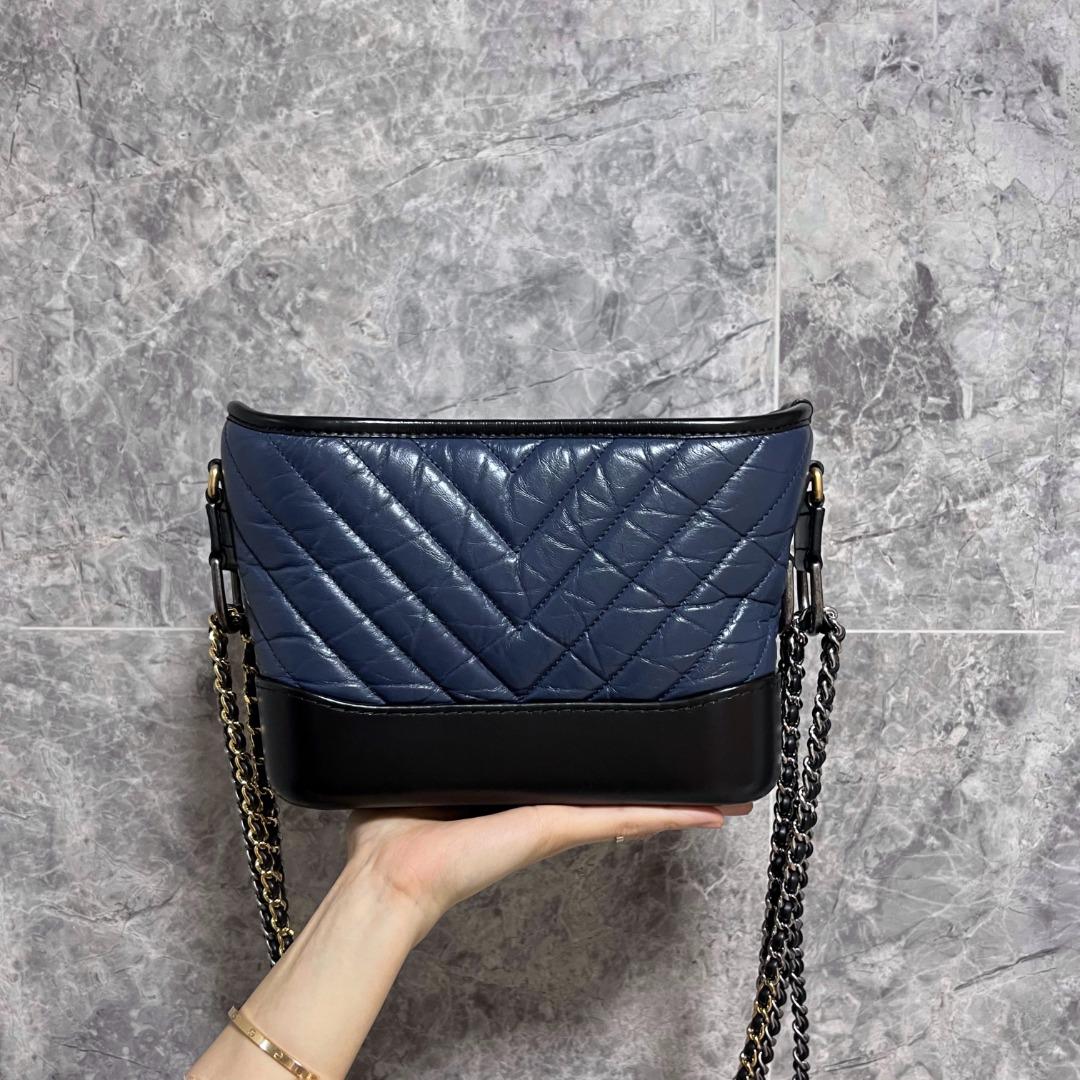 BNIB Chanel Small Gabrielle Calfskin Navy Blue Chevron No 27 - Luxury Evermore