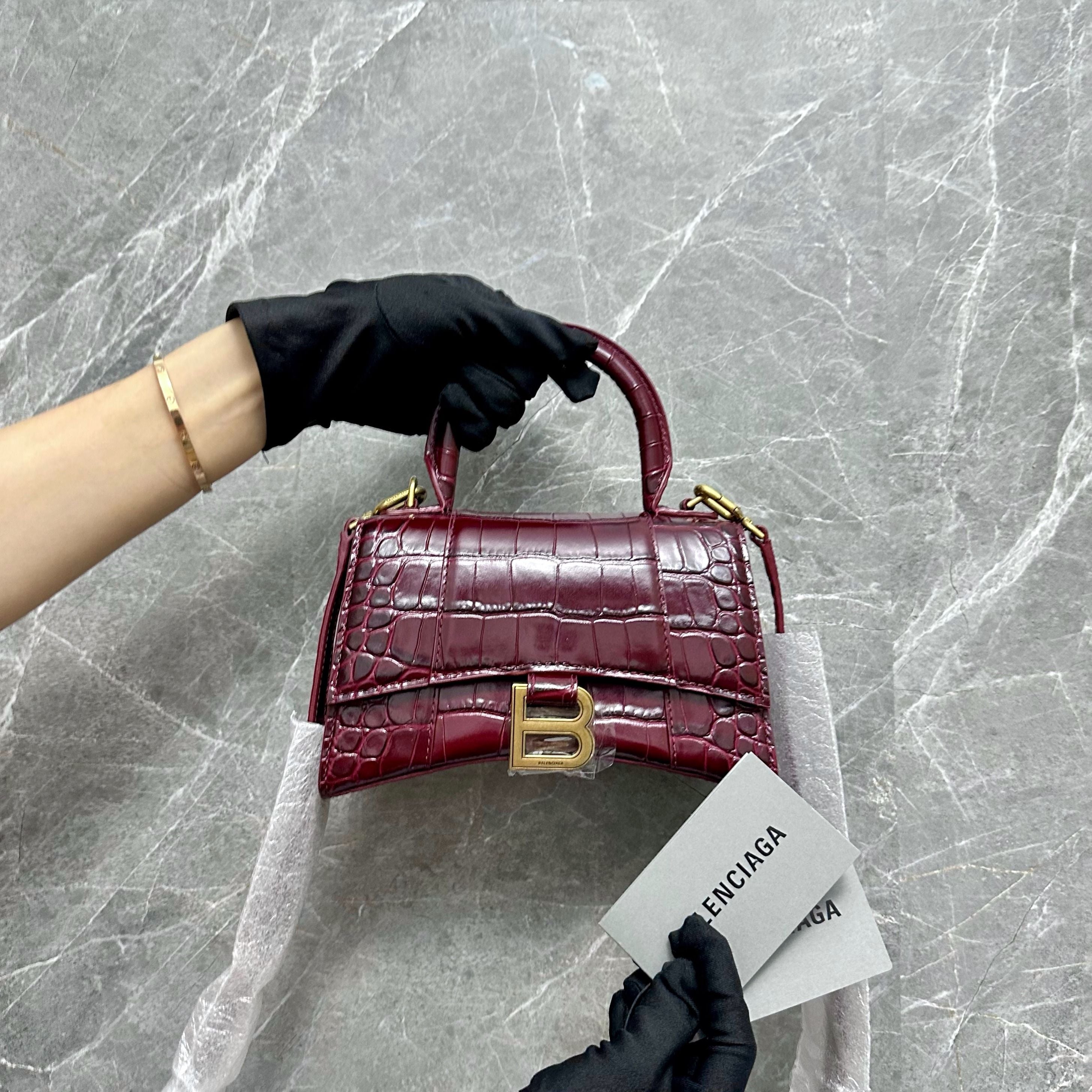 *Brand New* Balenciaga Hourglass XS Embossed Top-hand Crossbody Bag Burgundy - Luxury Evermore