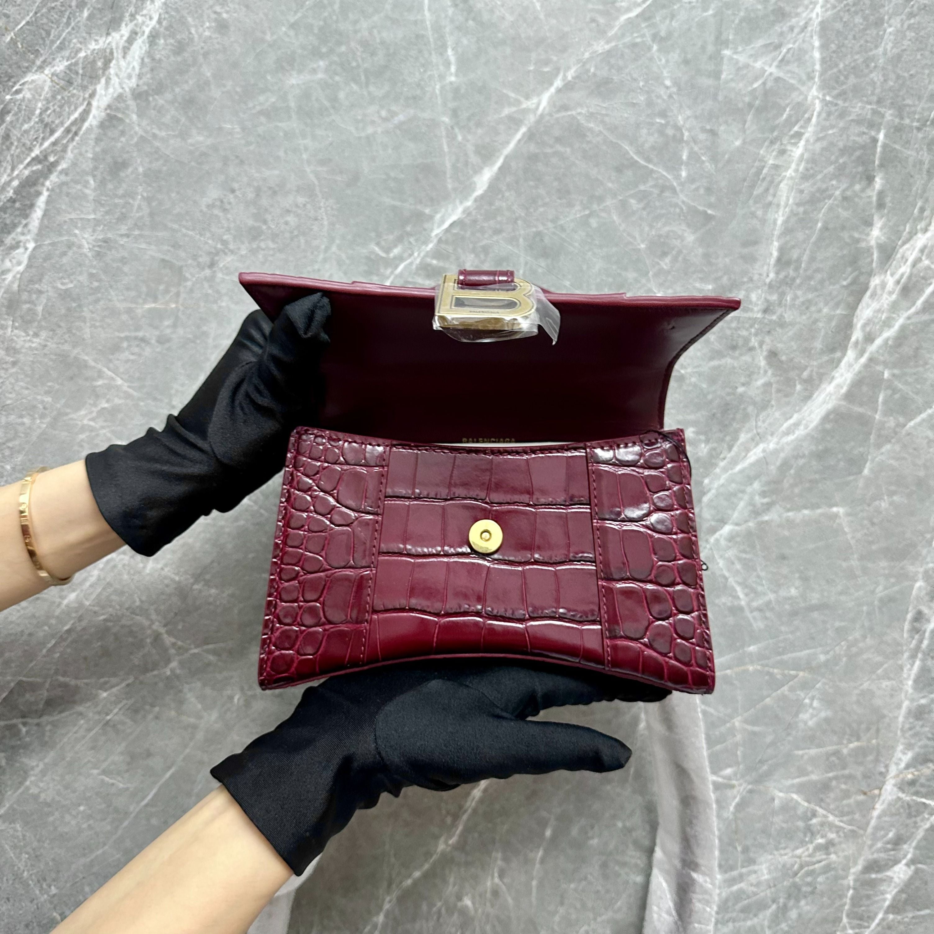 *Brand New* Balenciaga Hourglass XS Embossed Top-hand Crossbody Bag Burgundy - Luxury Evermore