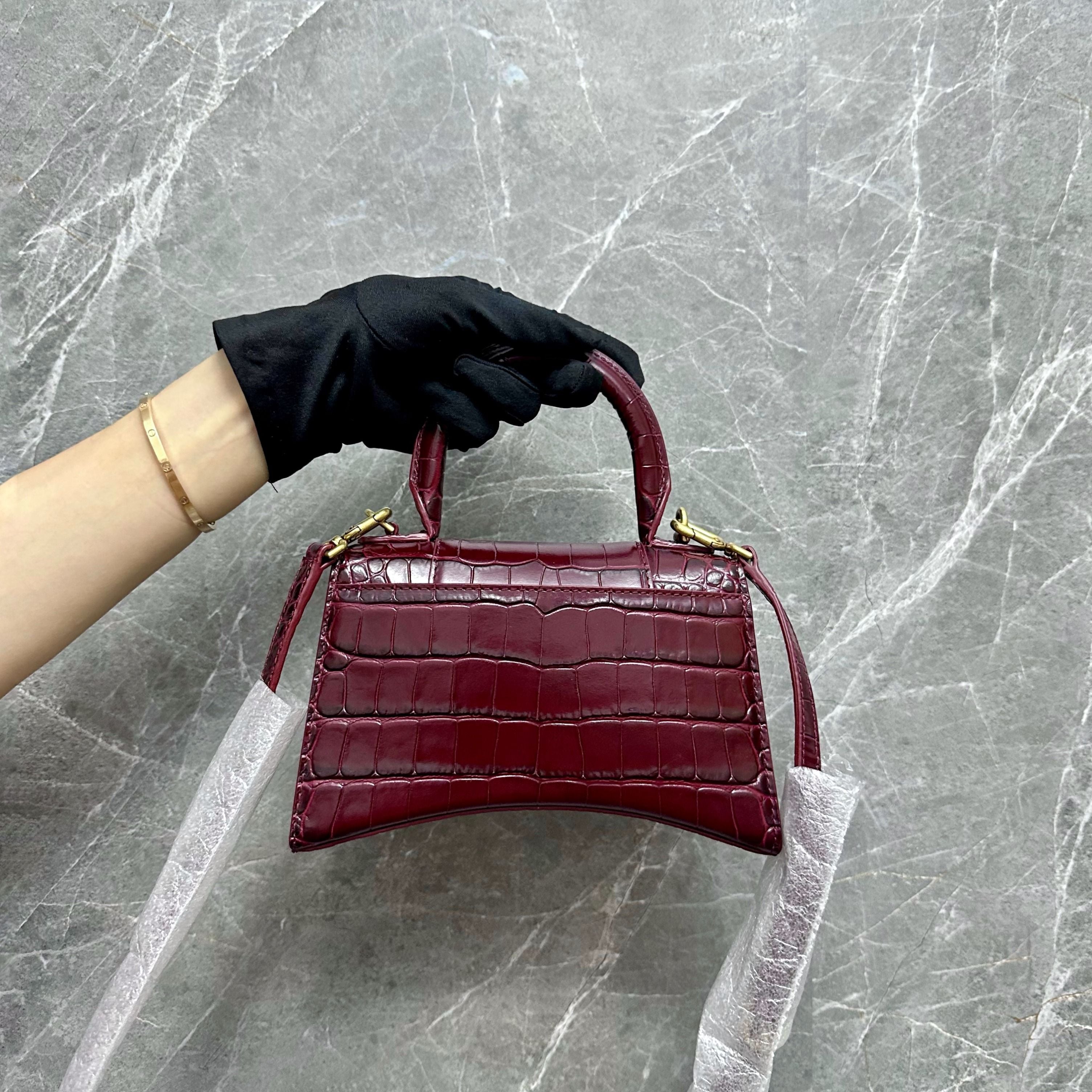 *Brand New* Balenciaga Hourglass XS Embossed Top-hand Crossbody Bag Burgundy - Luxury Evermore