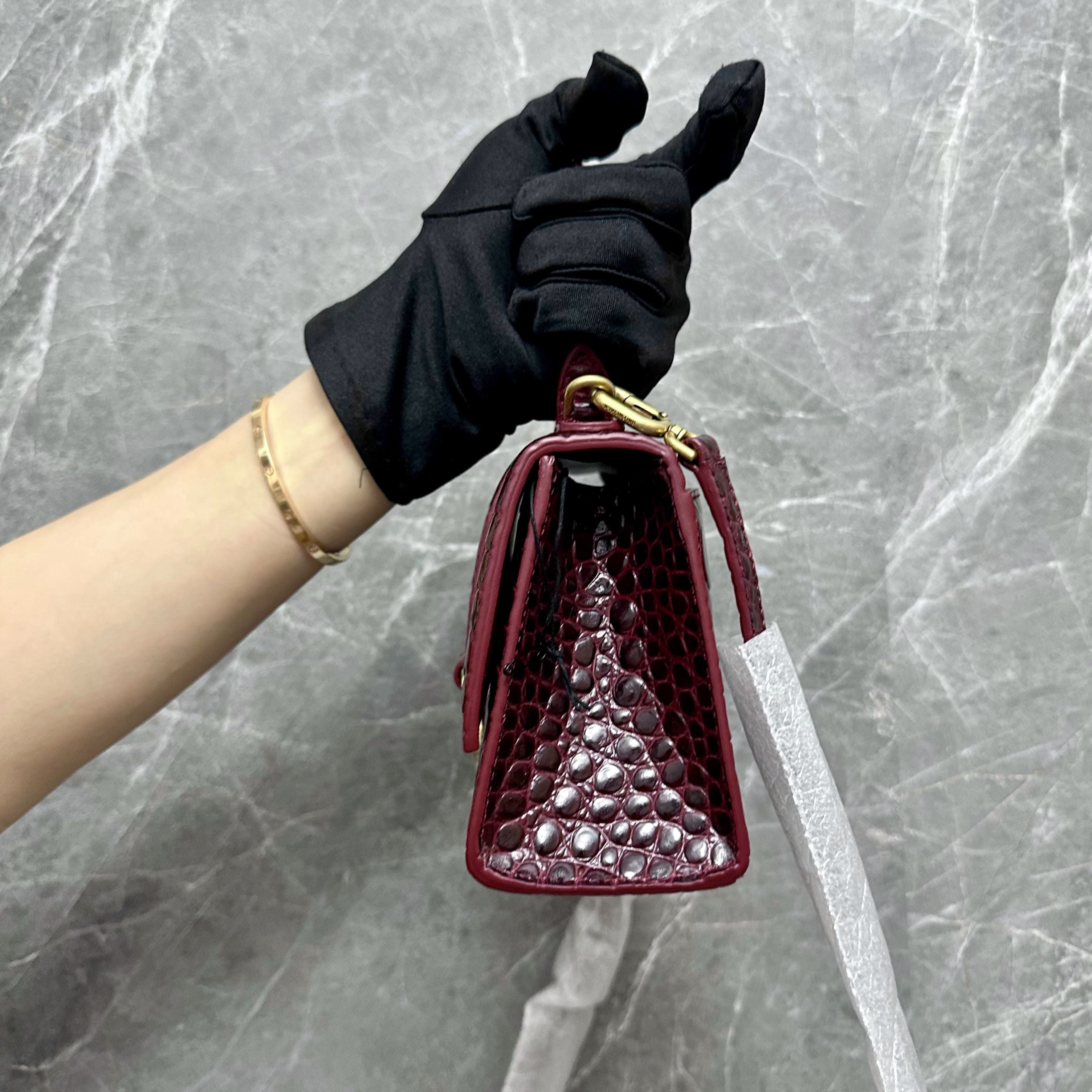 *Brand New* Balenciaga Hourglass XS Embossed Top-hand Crossbody Bag Burgundy - Luxury Evermore