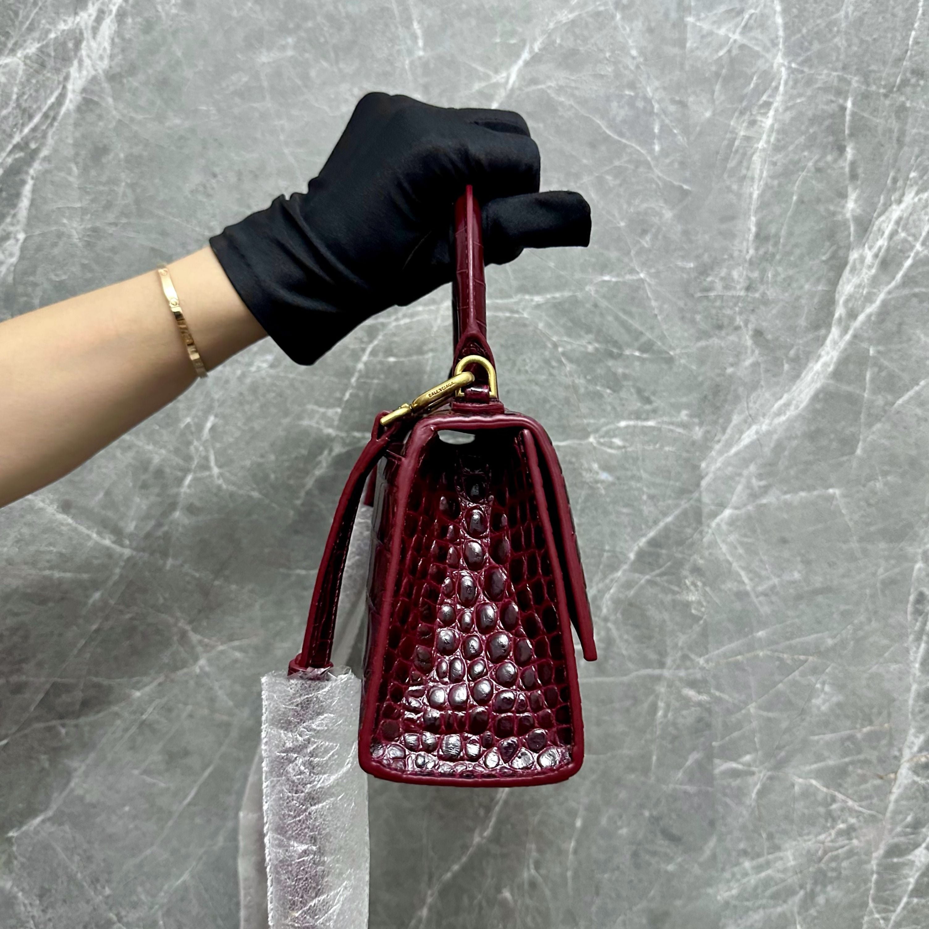 *Brand New* Balenciaga Hourglass XS Embossed Top-hand Crossbody Bag Burgundy - Luxury Evermore