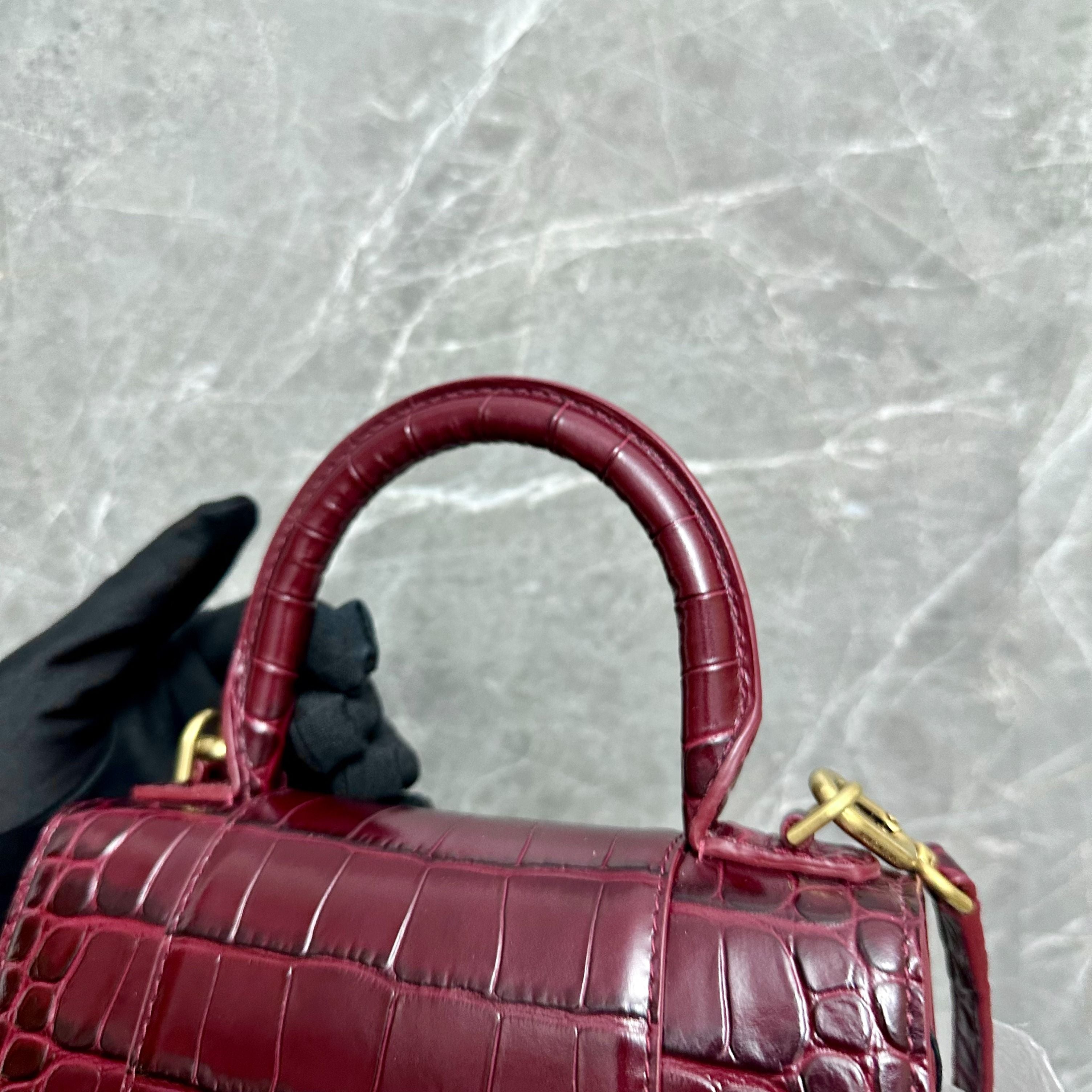 *Brand New* Balenciaga Hourglass XS Embossed Top-hand Crossbody Bag Burgundy - Luxury Evermore