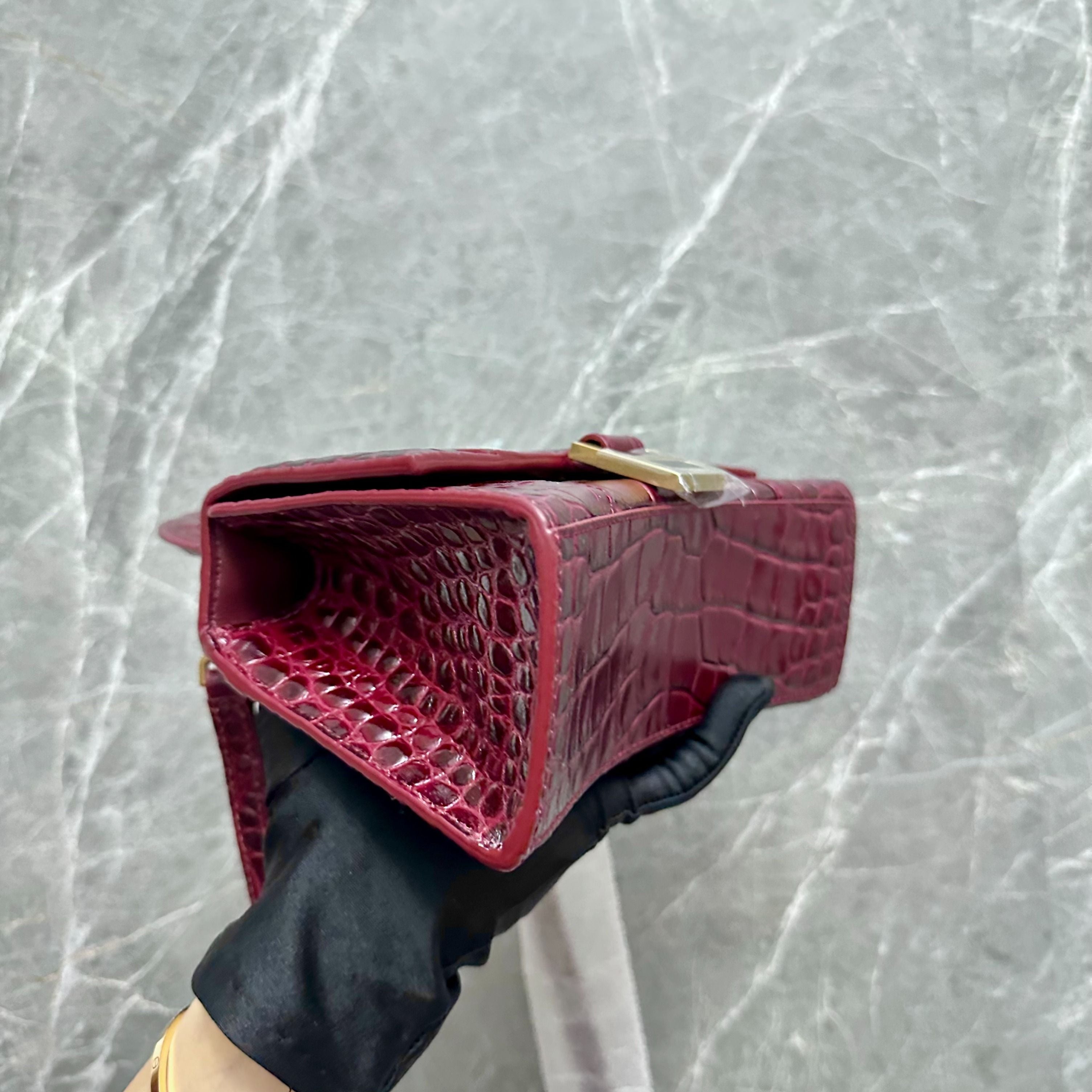 *Brand New* Balenciaga Hourglass XS Embossed Top-hand Crossbody Bag Burgundy - Luxury Evermore