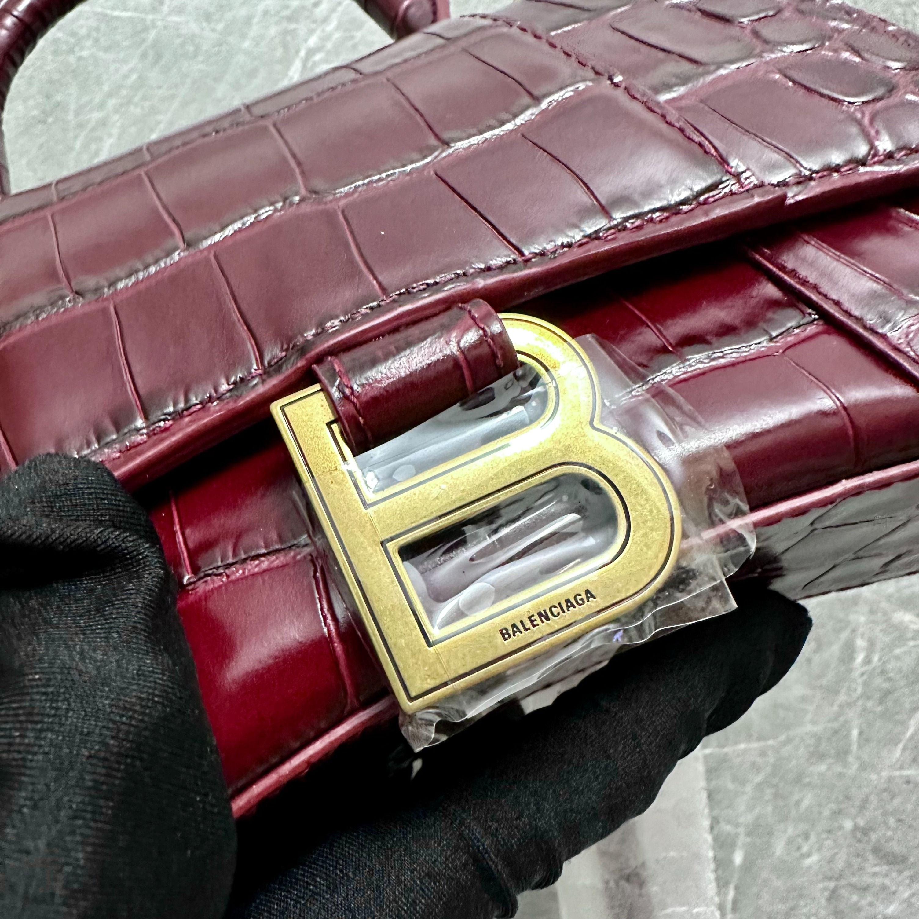 *Brand New* Balenciaga Hourglass XS Embossed Top-hand Crossbody Bag Burgundy - Luxury Evermore