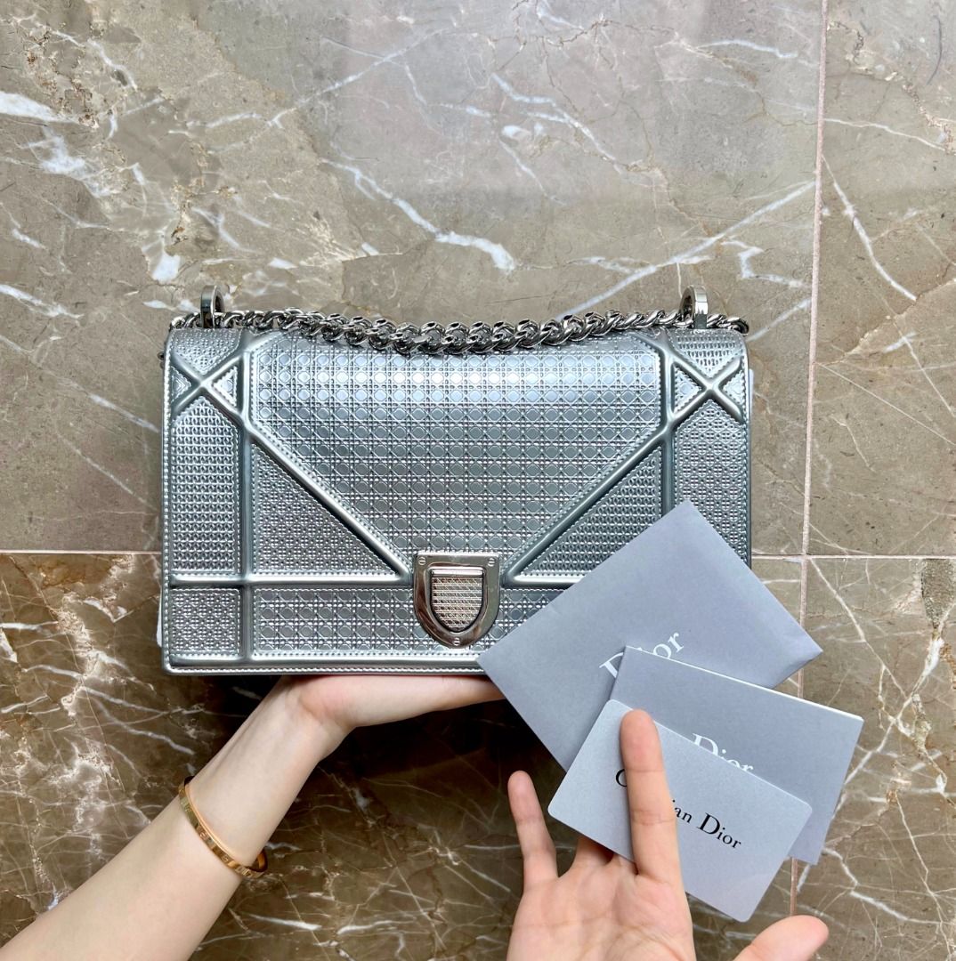 BRAND NEW Dior Diorama Medium Micro-Cannage Flap Bag Silver Metalic - Luxury Evermore