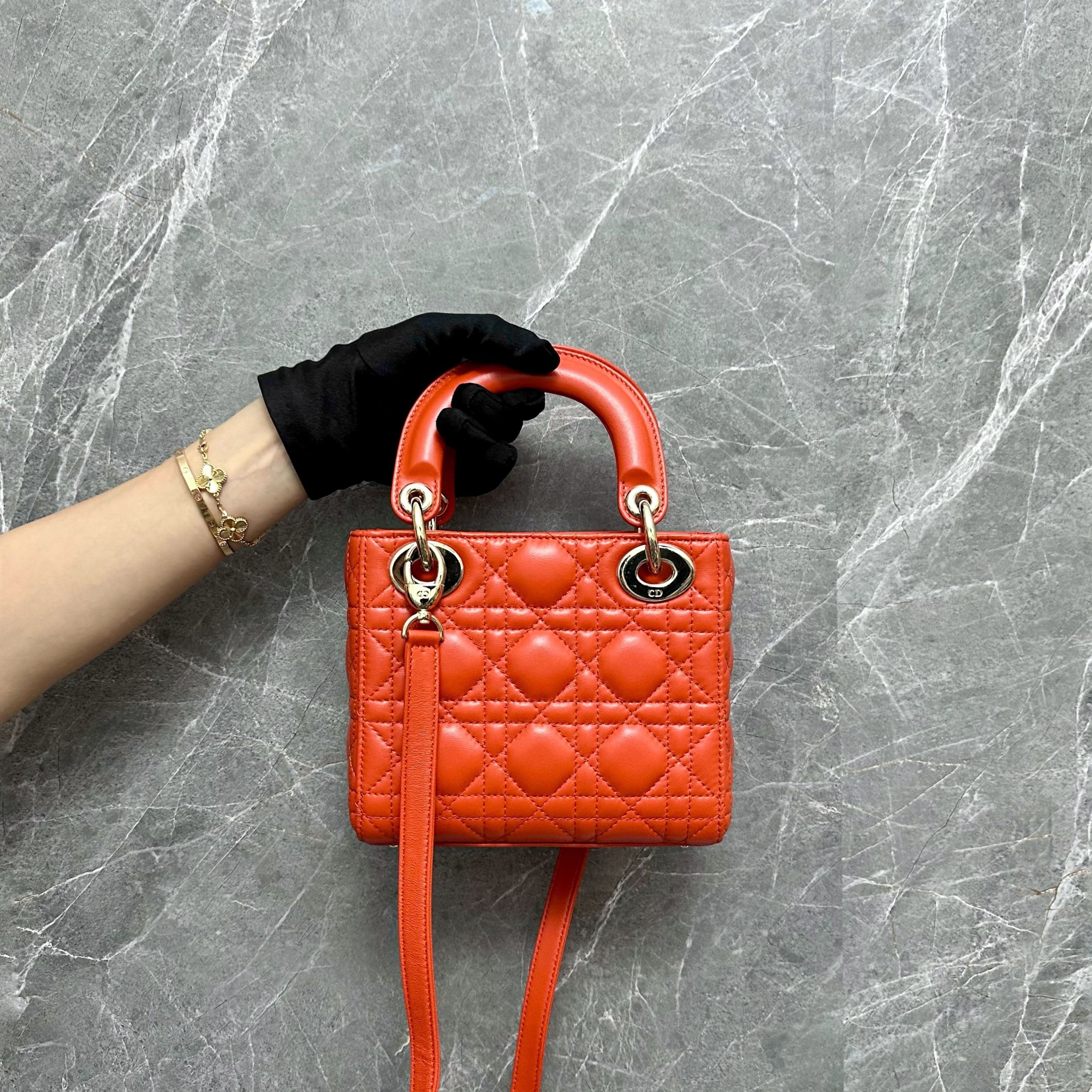 *Brand New* Dior Lady Mini Cannage Lambskin Orange GHW - Luxury Evermore