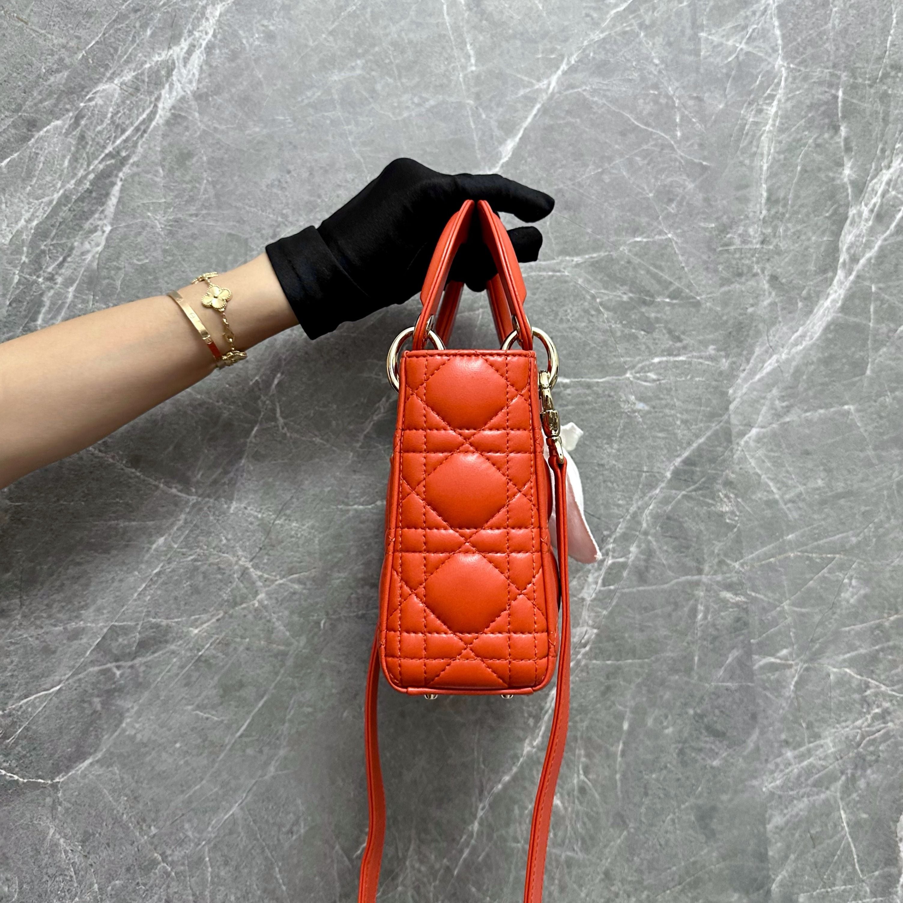 *Brand New* Dior Lady Mini Cannage Lambskin Orange GHW - Luxury Evermore