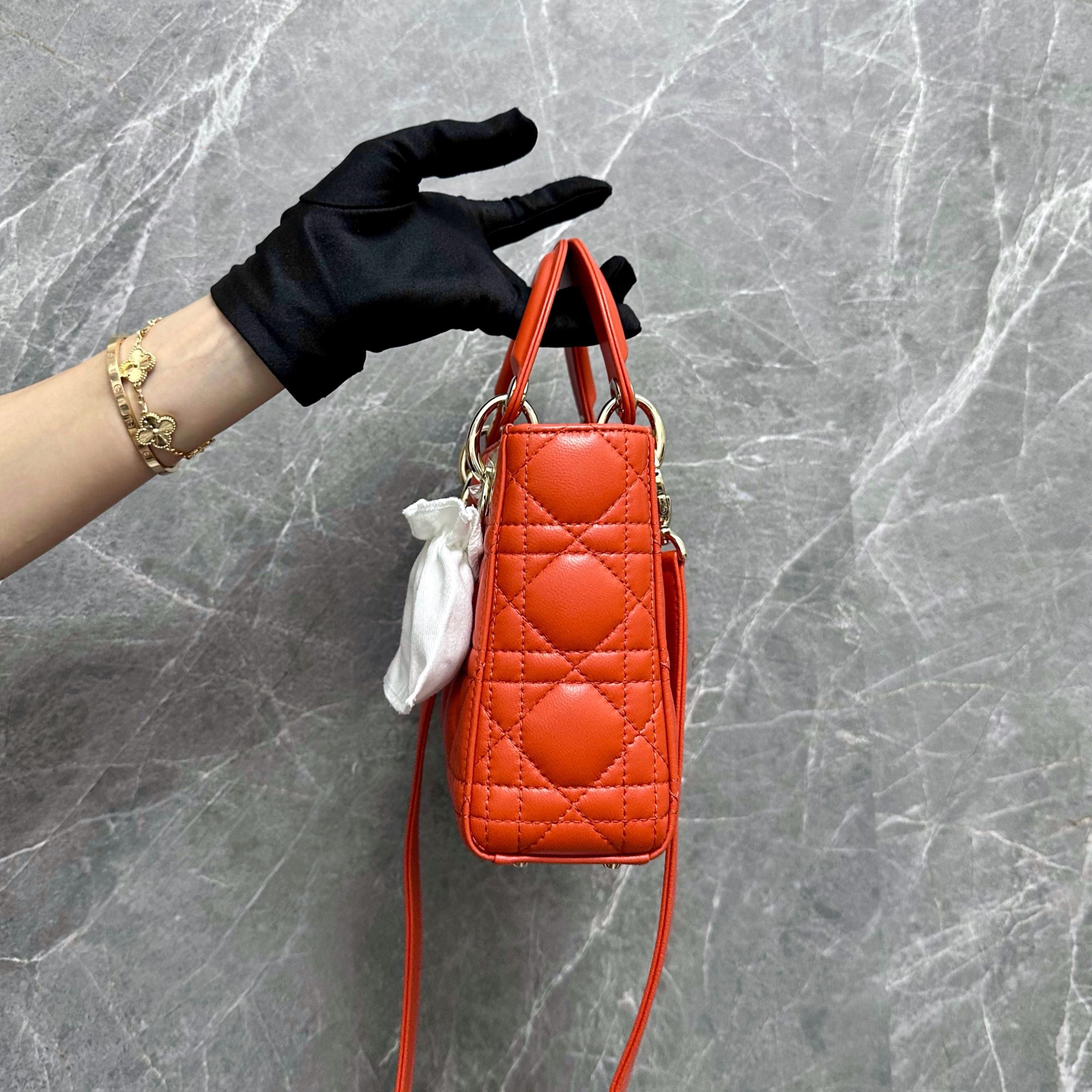 *Brand New* Dior Lady Mini Cannage Lambskin Orange GHW - Luxury Evermore