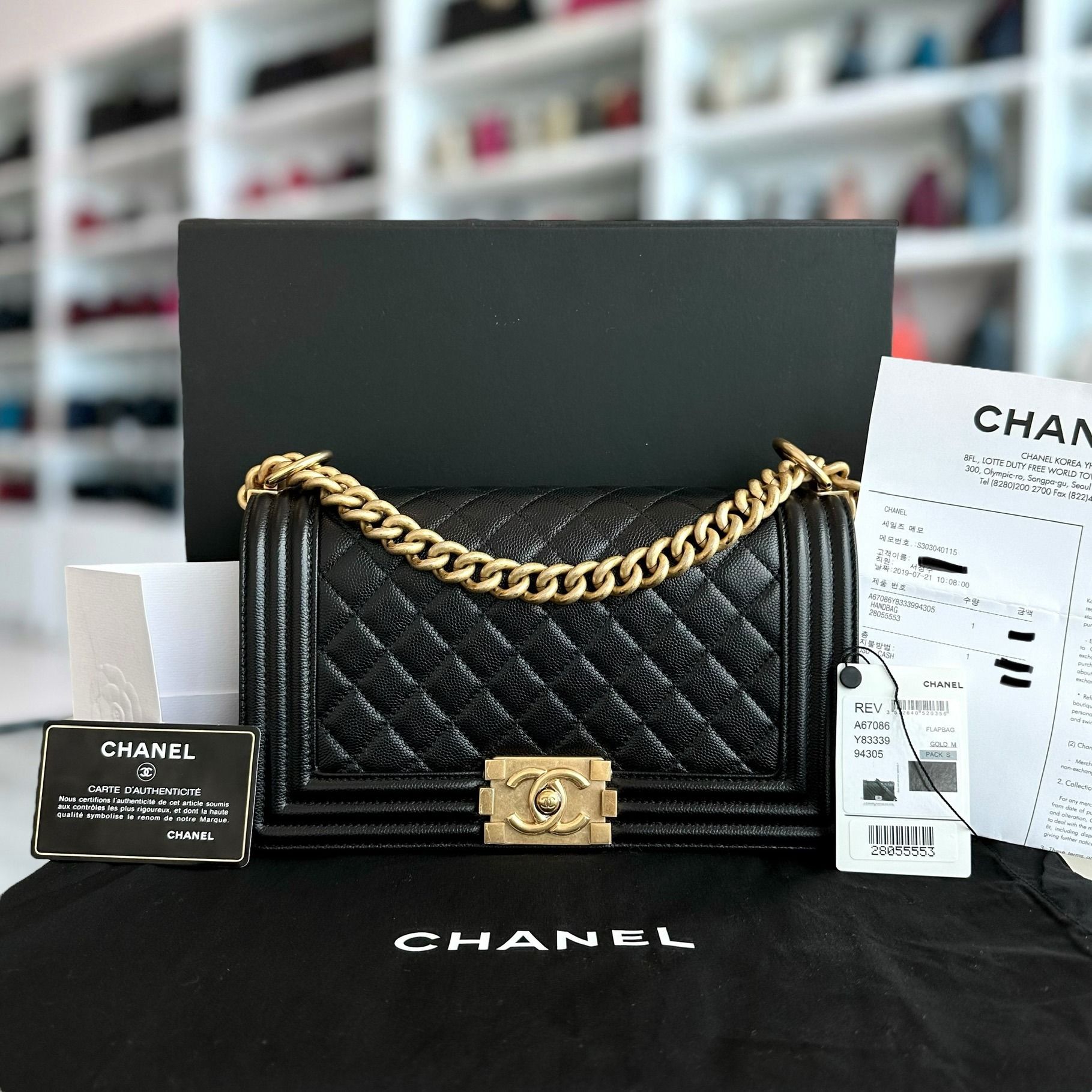 *Brand New, Full Set, Receipt* Chanel Boy Caviar Old Medium 25CM Quilted Calfskin Leboy Black GHW No 28 - Luxury Evermore