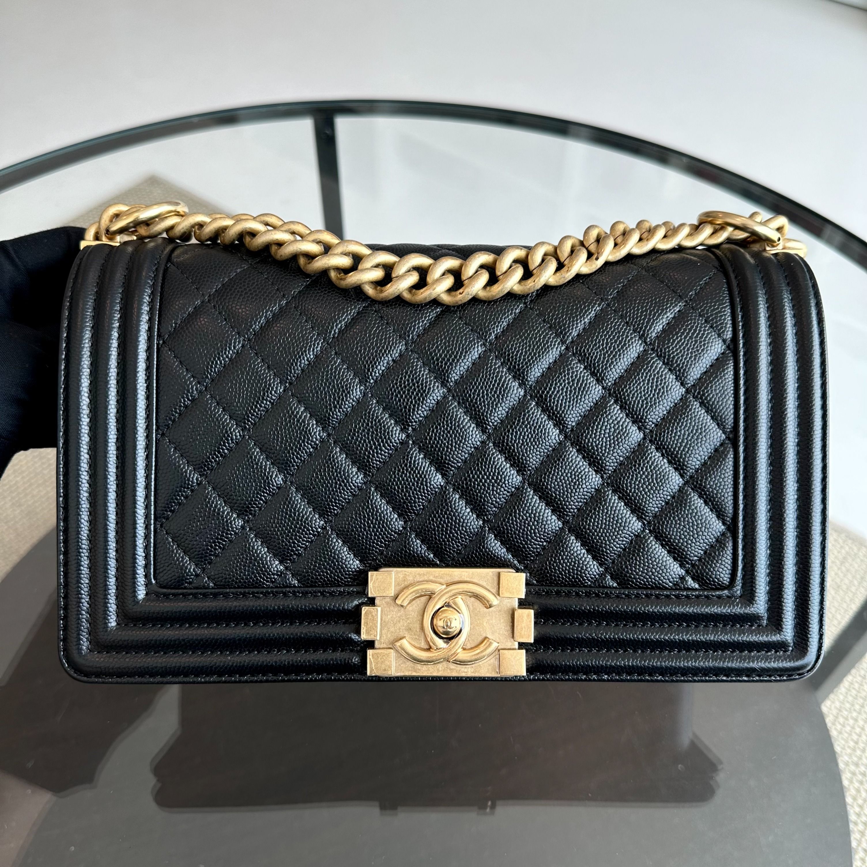 *Brand New, Full Set, Receipt* Chanel Boy Caviar Old Medium 25CM Quilted Calfskin Leboy Black GHW No 28 - Luxury Evermore