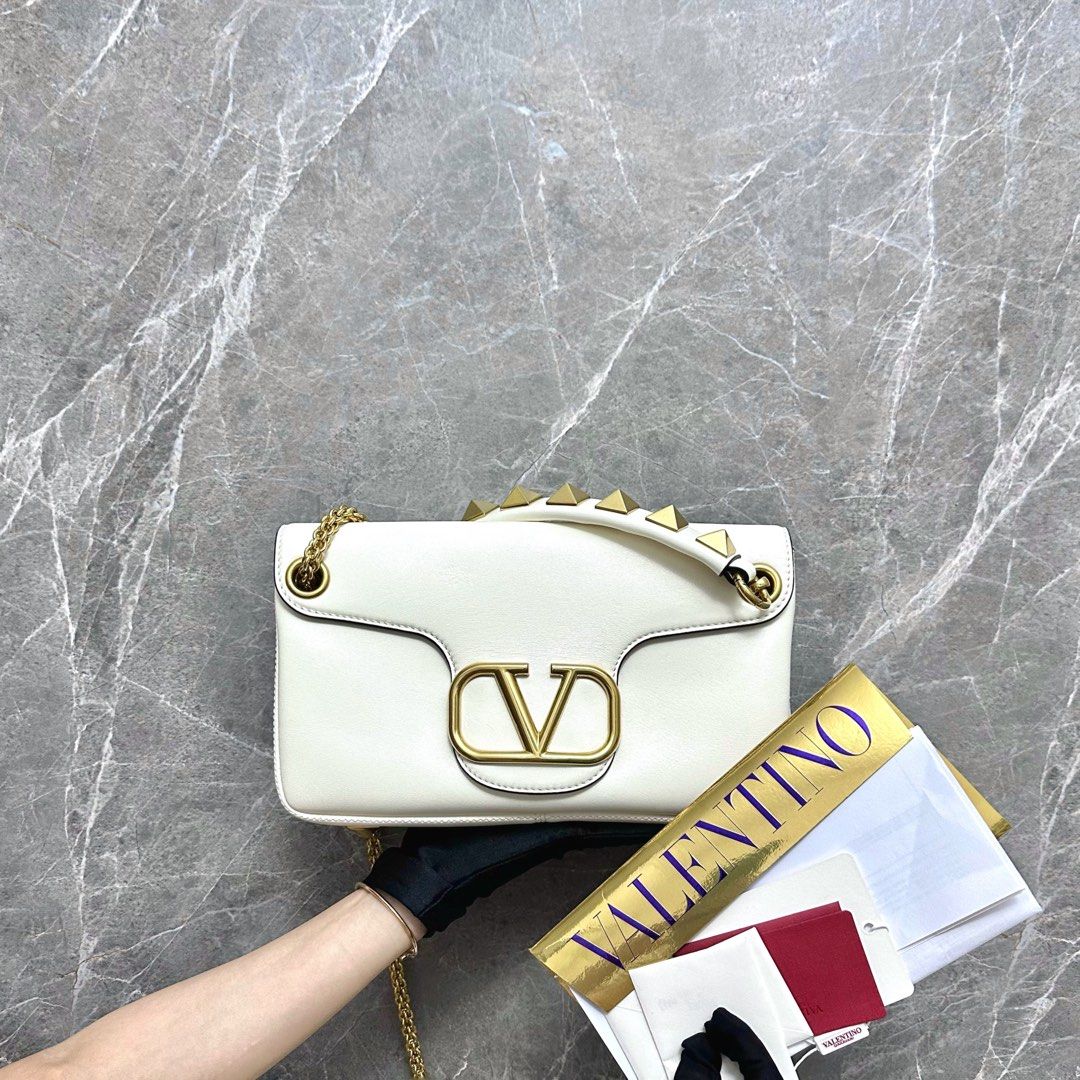 *Brand New Full Set* Valentino Stud Sign Nappa White Leather Shoulder Bag - Luxury Evermore