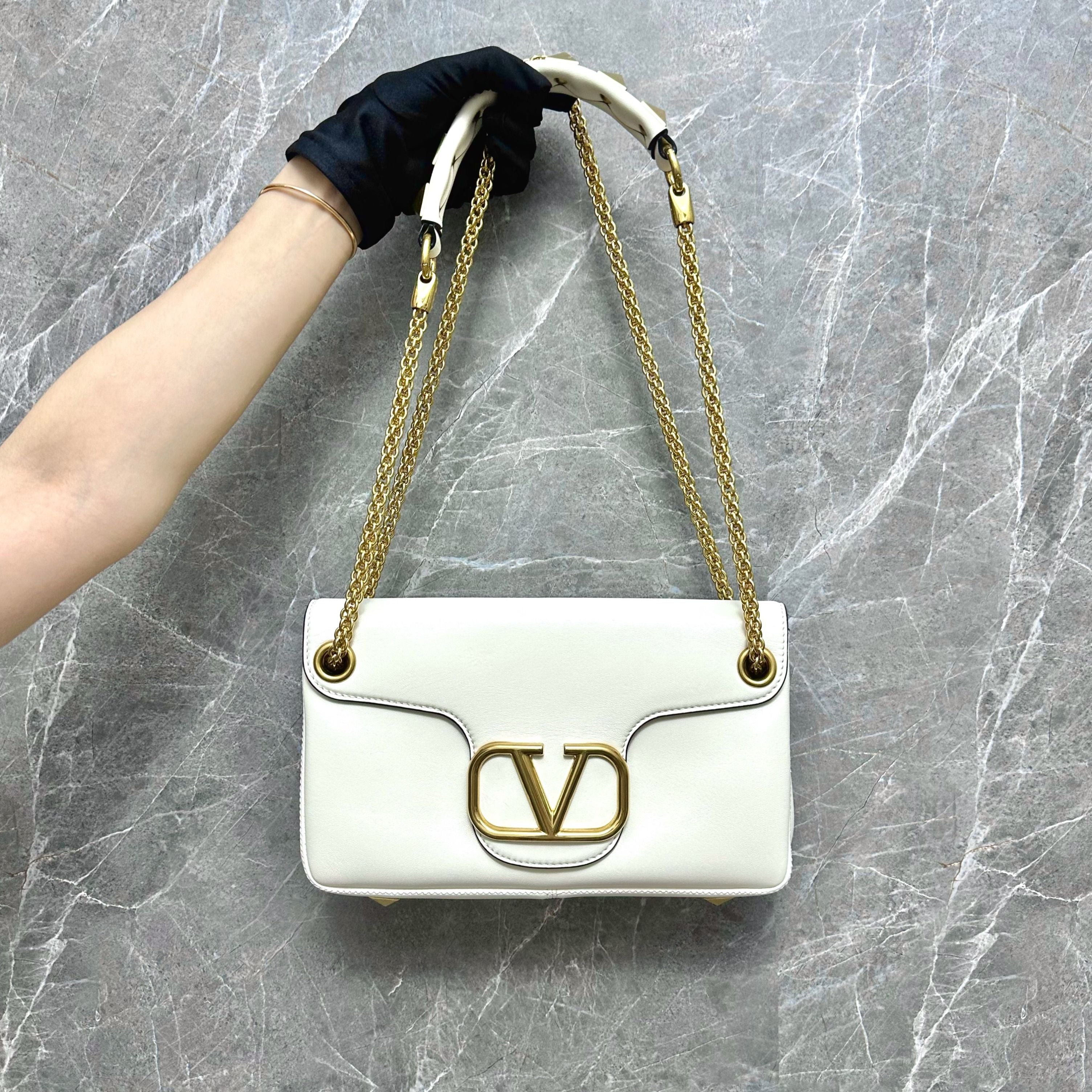 *Brand New Full Set* Valentino Stud Sign Nappa White Leather Shoulder Bag - Luxury Evermore