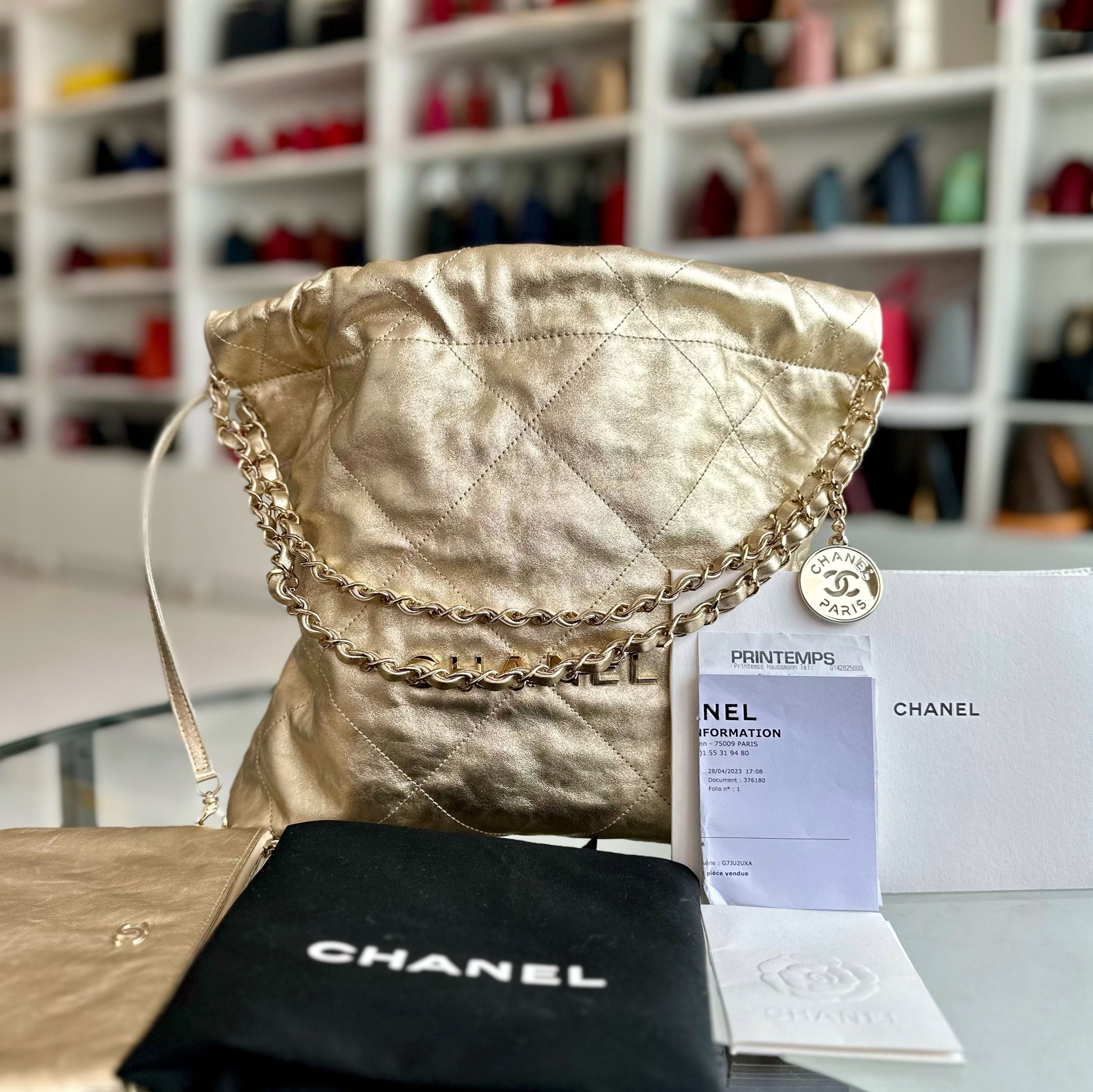 *Brand New, Receipt, Microchip* Chanel C22 Small Hobo 22 Bag Gold Calfskin GHW - Luxury Evermore