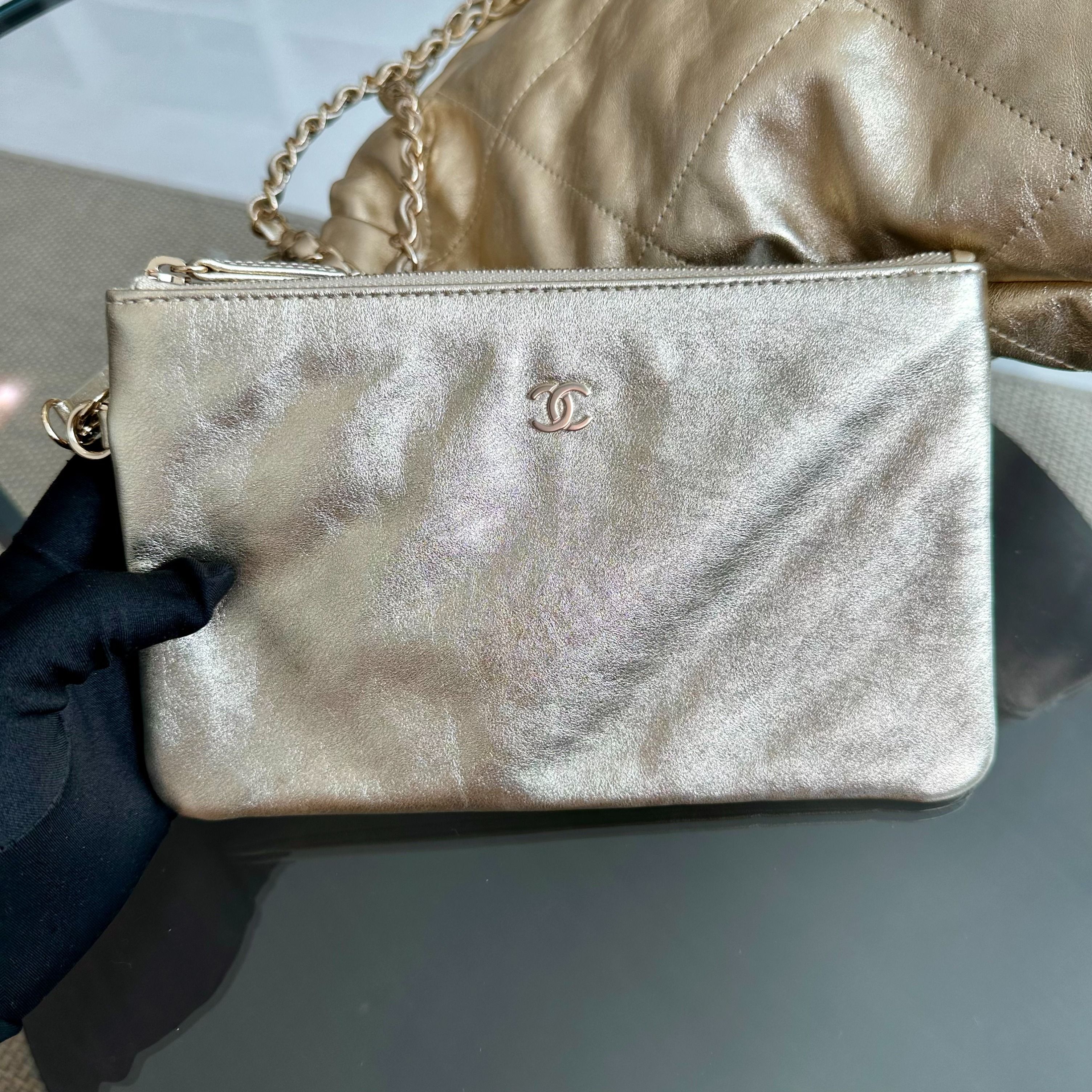 *Brand New, Receipt, Microchip* Chanel C22 Small Hobo 22 Bag Gold Calfskin GHW - Luxury Evermore