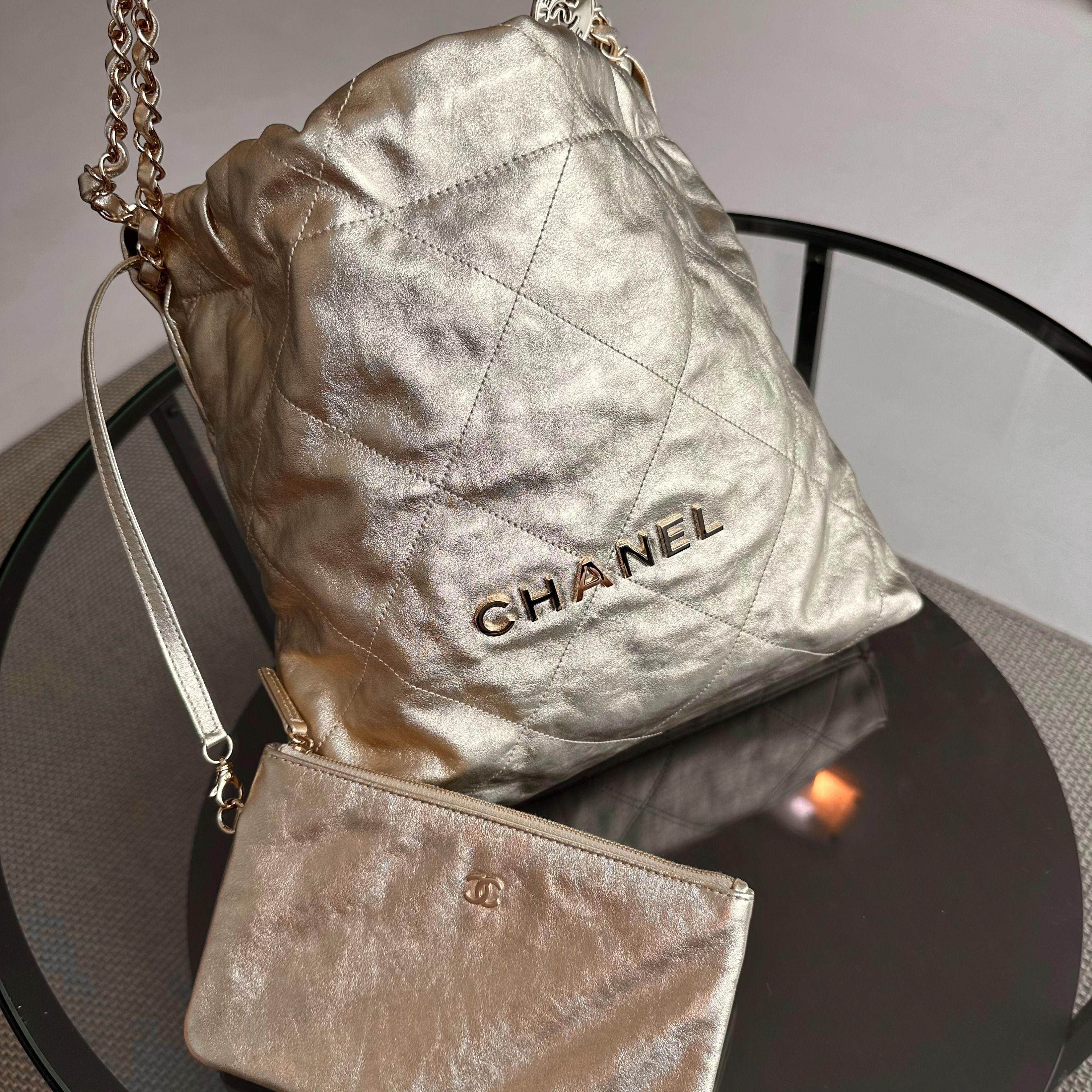 *Brand New, Receipt, Microchip* Chanel C22 Small Hobo 22 Bag Gold Calfskin GHW - Luxury Evermore