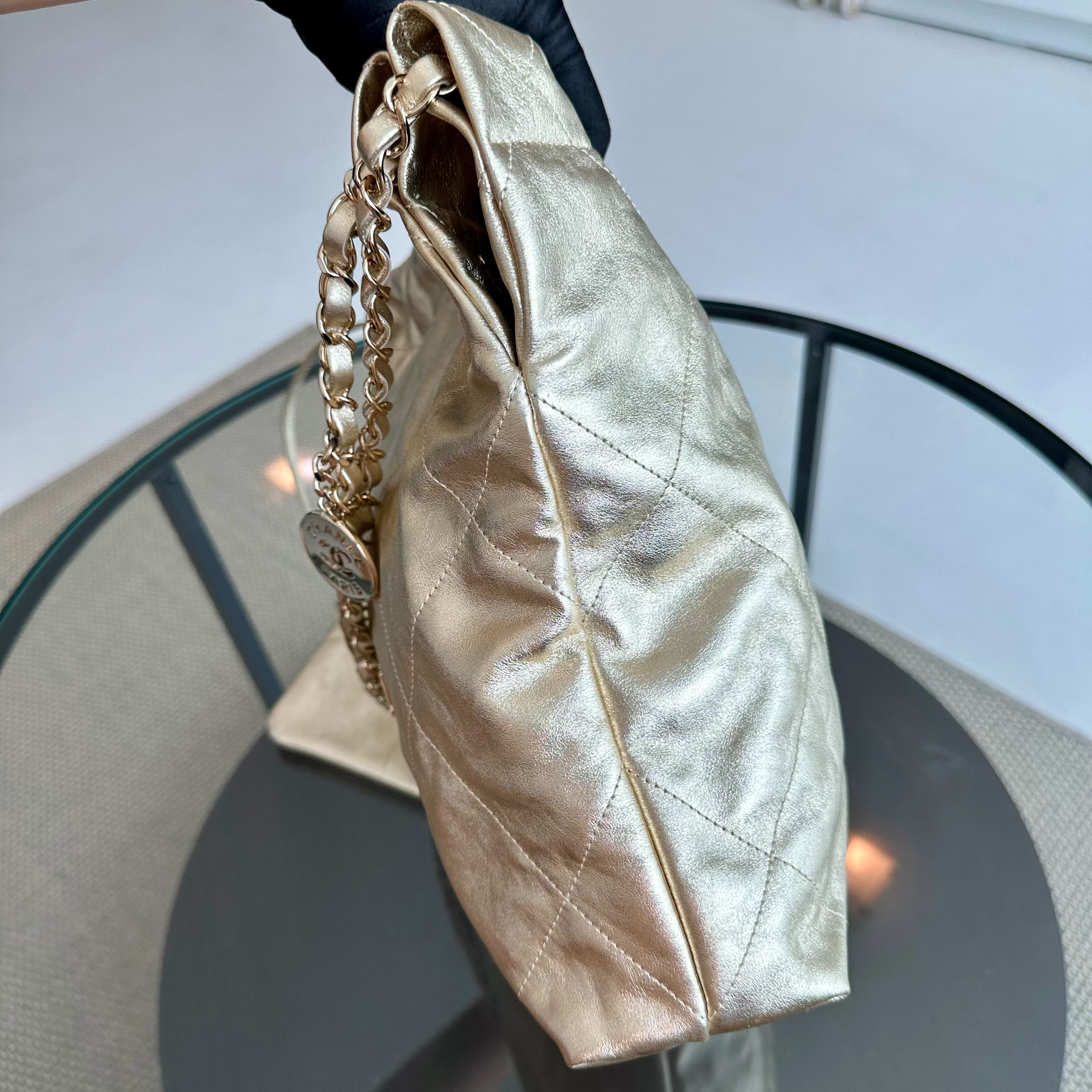 *Brand New, Receipt, Microchip* Chanel C22 Small Hobo 22 Bag Gold Calfskin GHW - Luxury Evermore