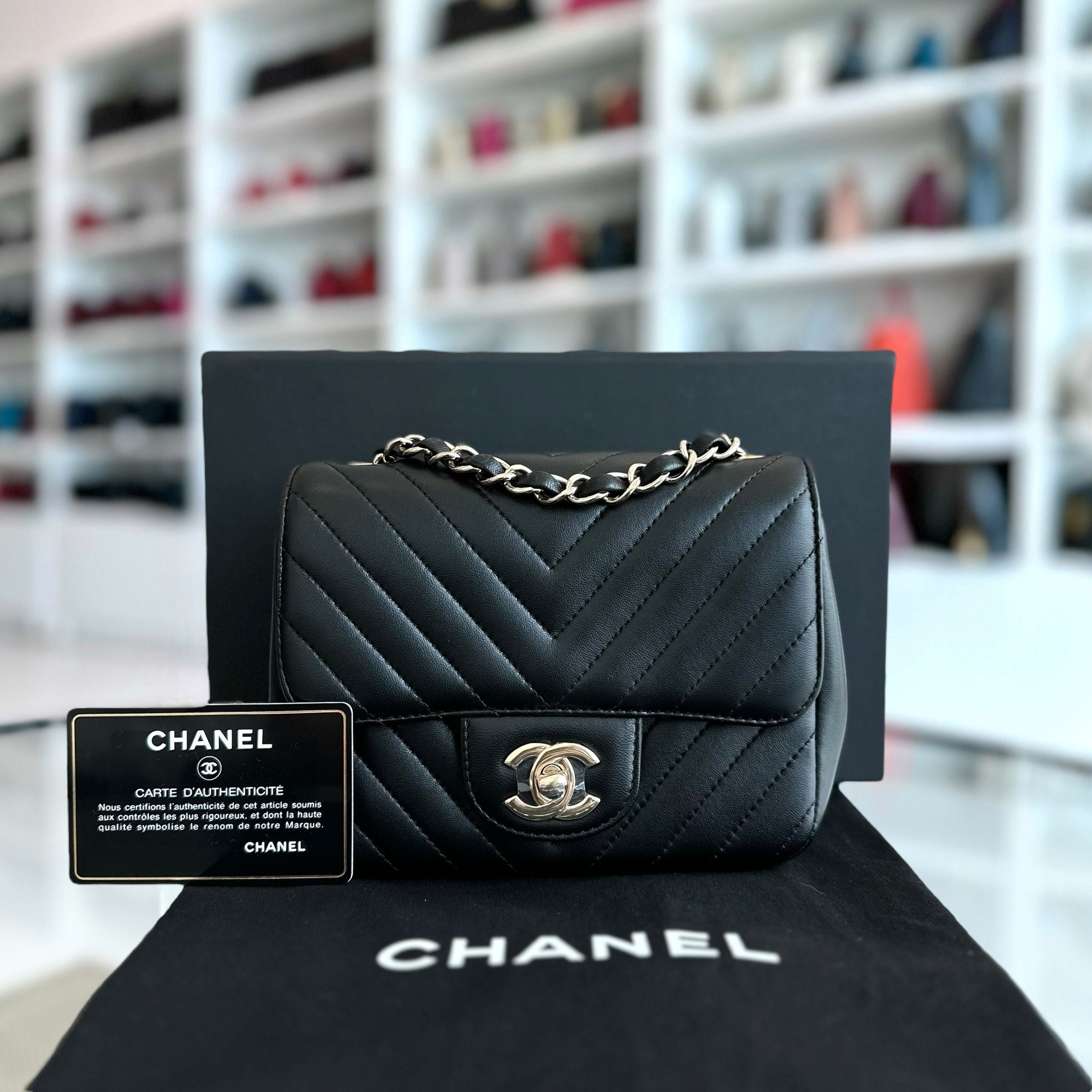 *Brand New* Chanel Mini Square Classic Flap Chevron Lambskin Black GHW No 24
