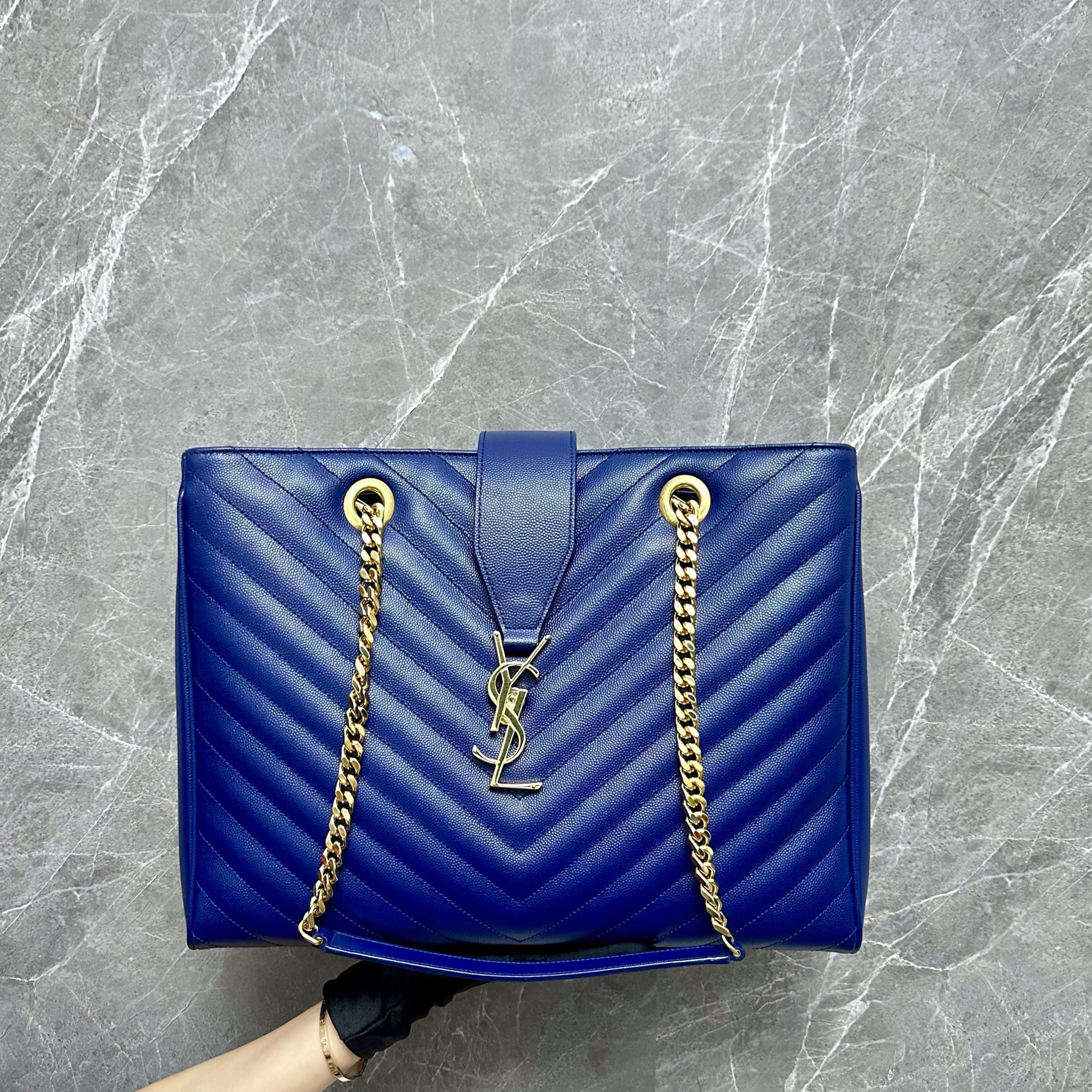 *Brand New* YSL Shopper Quilted Grained Calfskin Chevron Blue Tote GHW