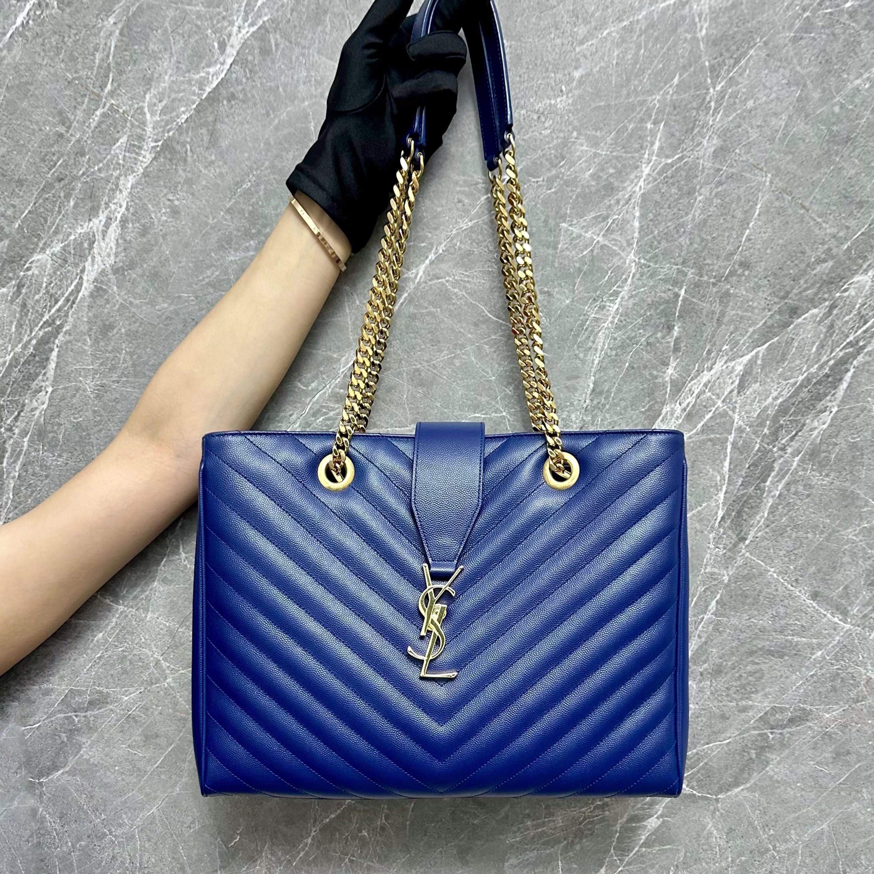 *Brand New* YSL Shopper Quilted Grained Calfskin Chevron Blue Tote GHW