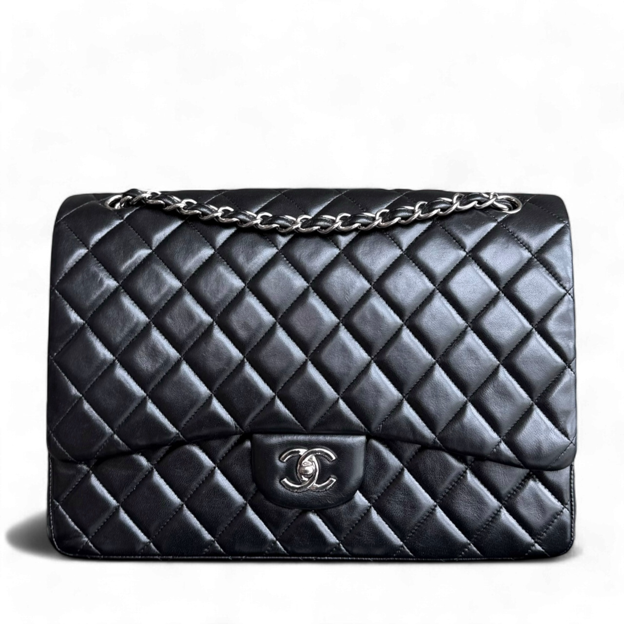 Chanel Classic Flap Maxi - 33CM Lambskin Single Flap Black Silver Hardware Series 13