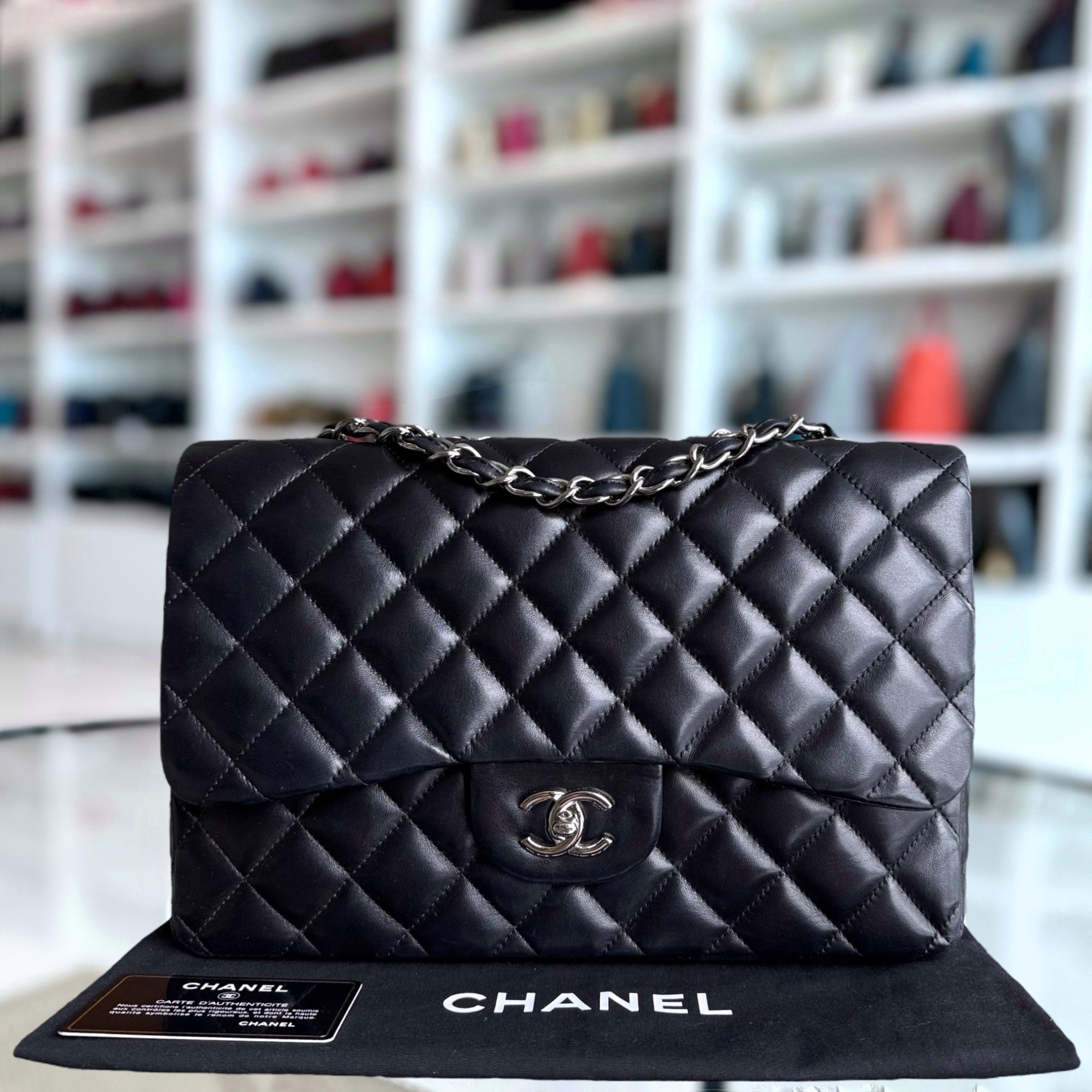 Chanel Classic Flap Jumbo - 30CM Quilted Lambskin Single Flap Black Silver Hardware