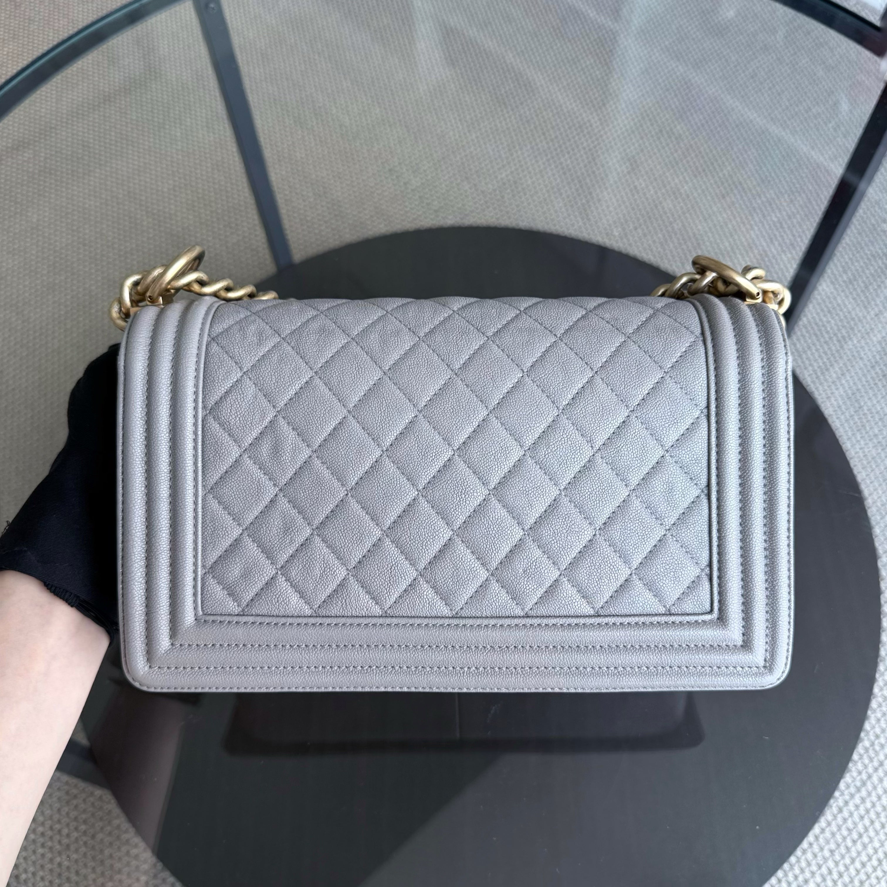 Chanel Boy Medium - Caviar 25CM Quilted Light Grey Gold Hardware