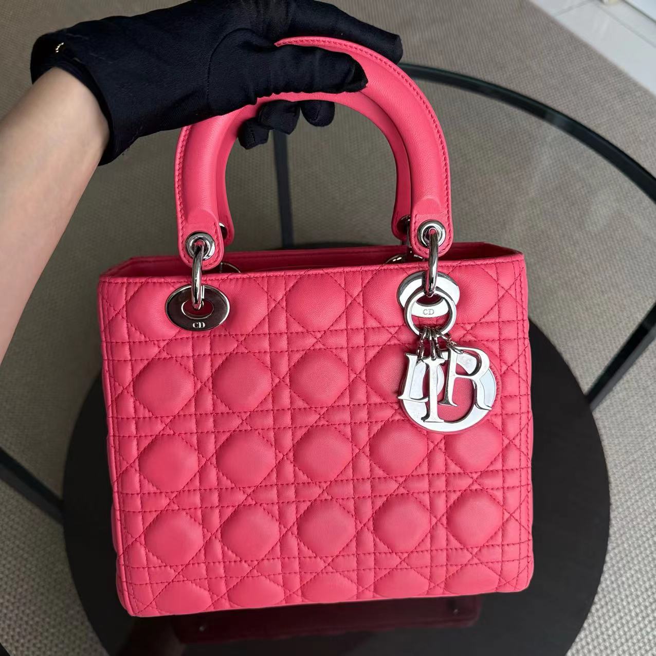 Dior Lady Medium - Cannage Lambskin Hot Pink Handbag Silver Hardware