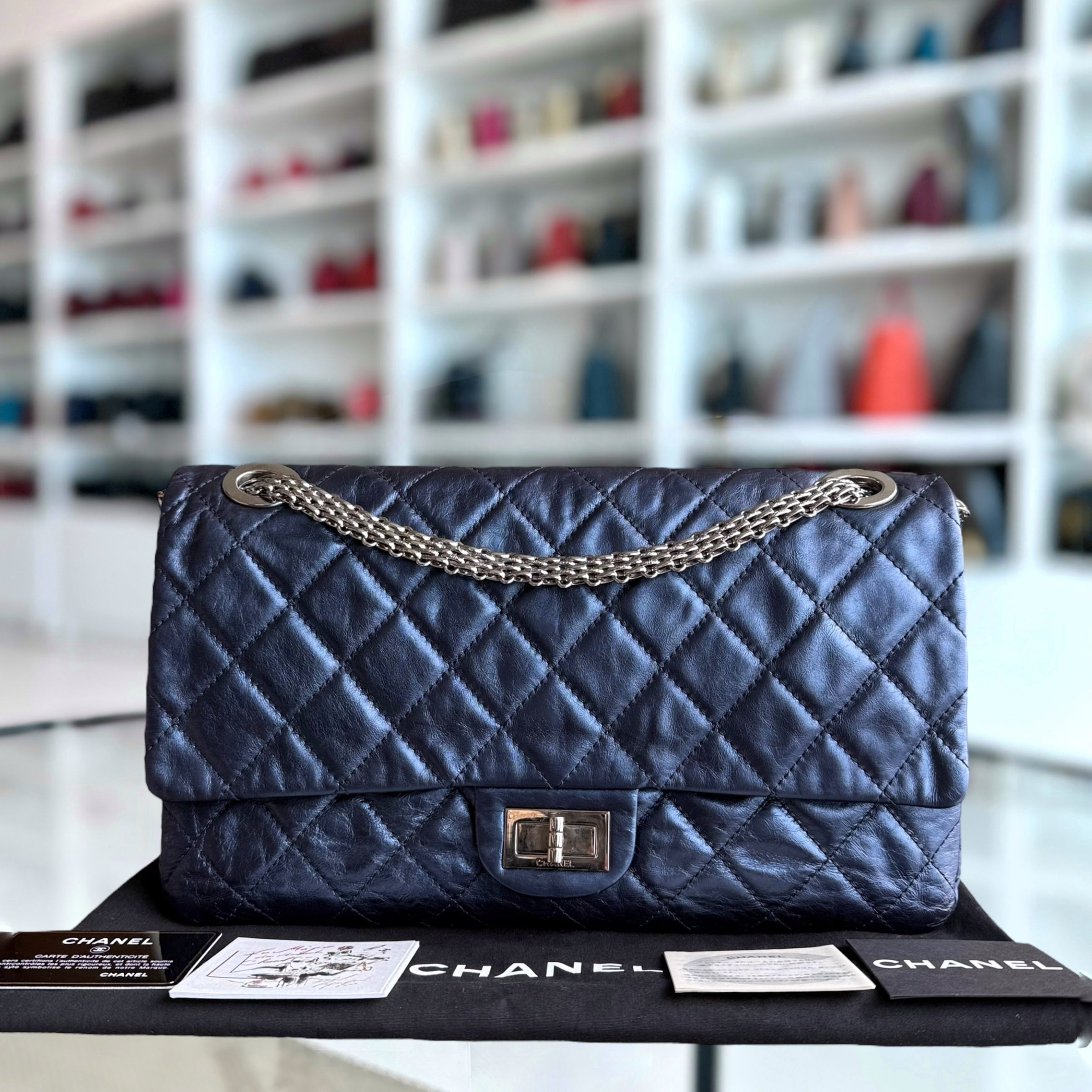 Chanel 2.55 Reissue 228 Maxi - 35CM Quilted Metallic Calfskin Blue Ruthenium Silver Hardware Series 12