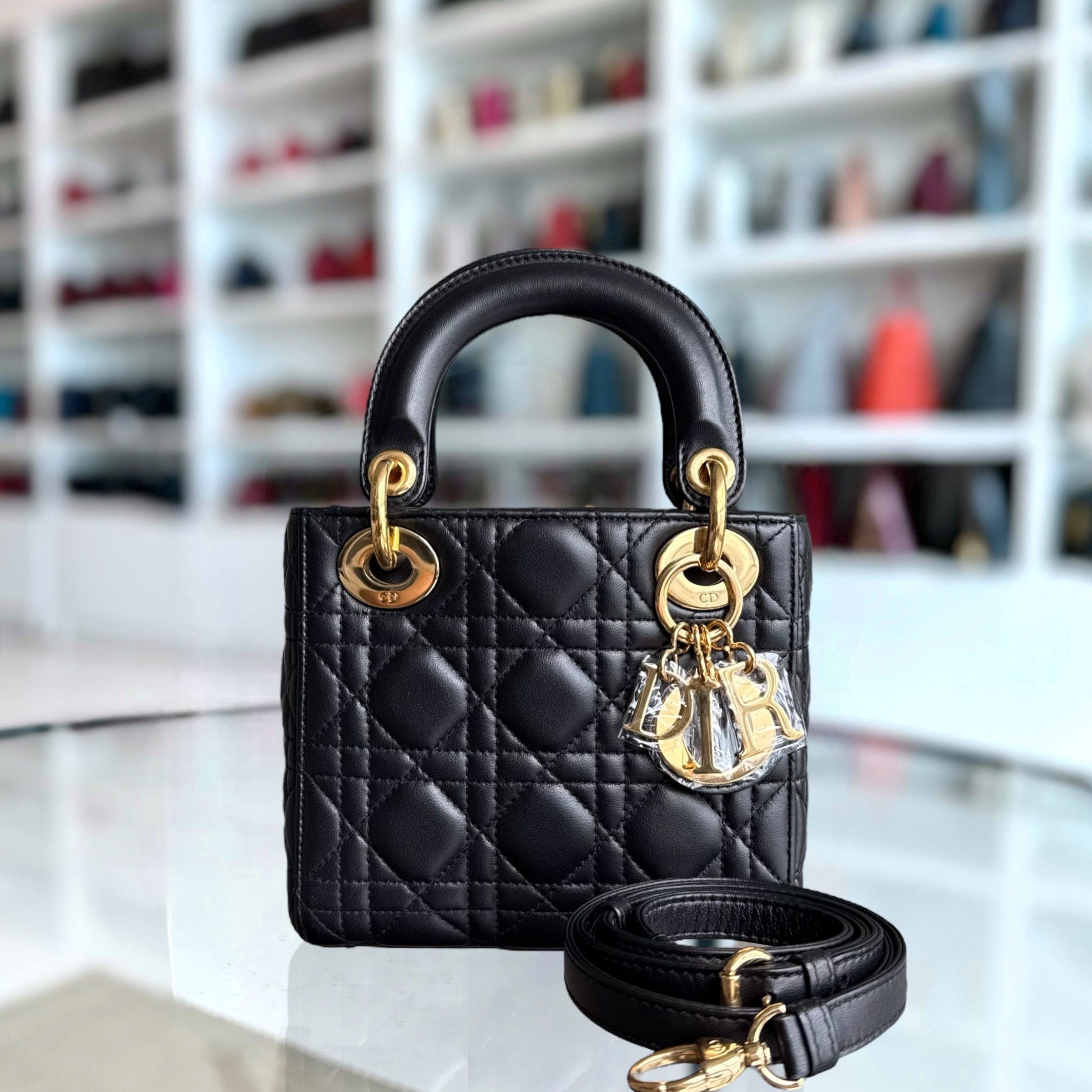 Dior Lady Mini - Cannage Lambskin Black Gold Hardware Adjustable Strap