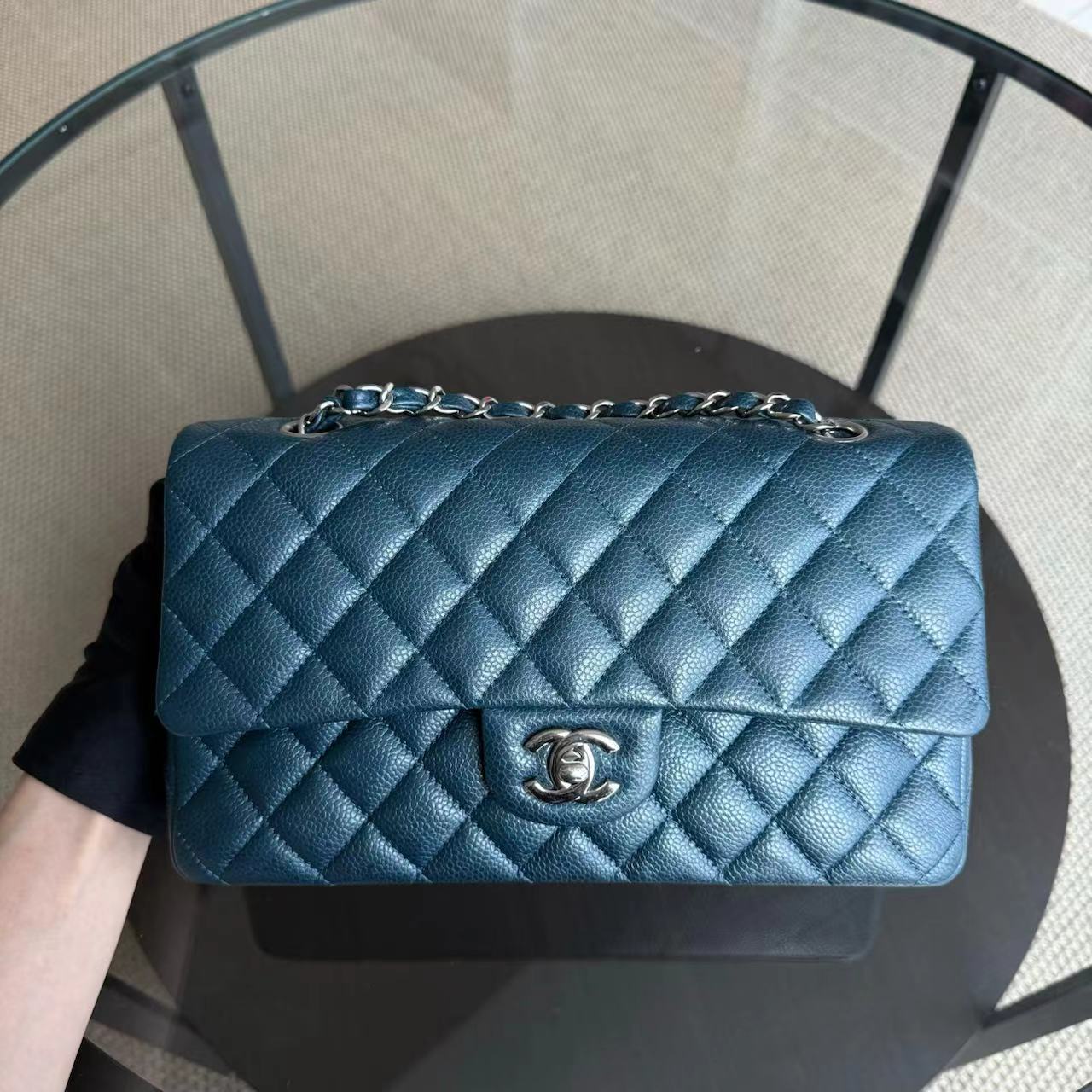 Caviar Medium Classic Flap Quilted Dark Blue Green Silver Hardware Series 20