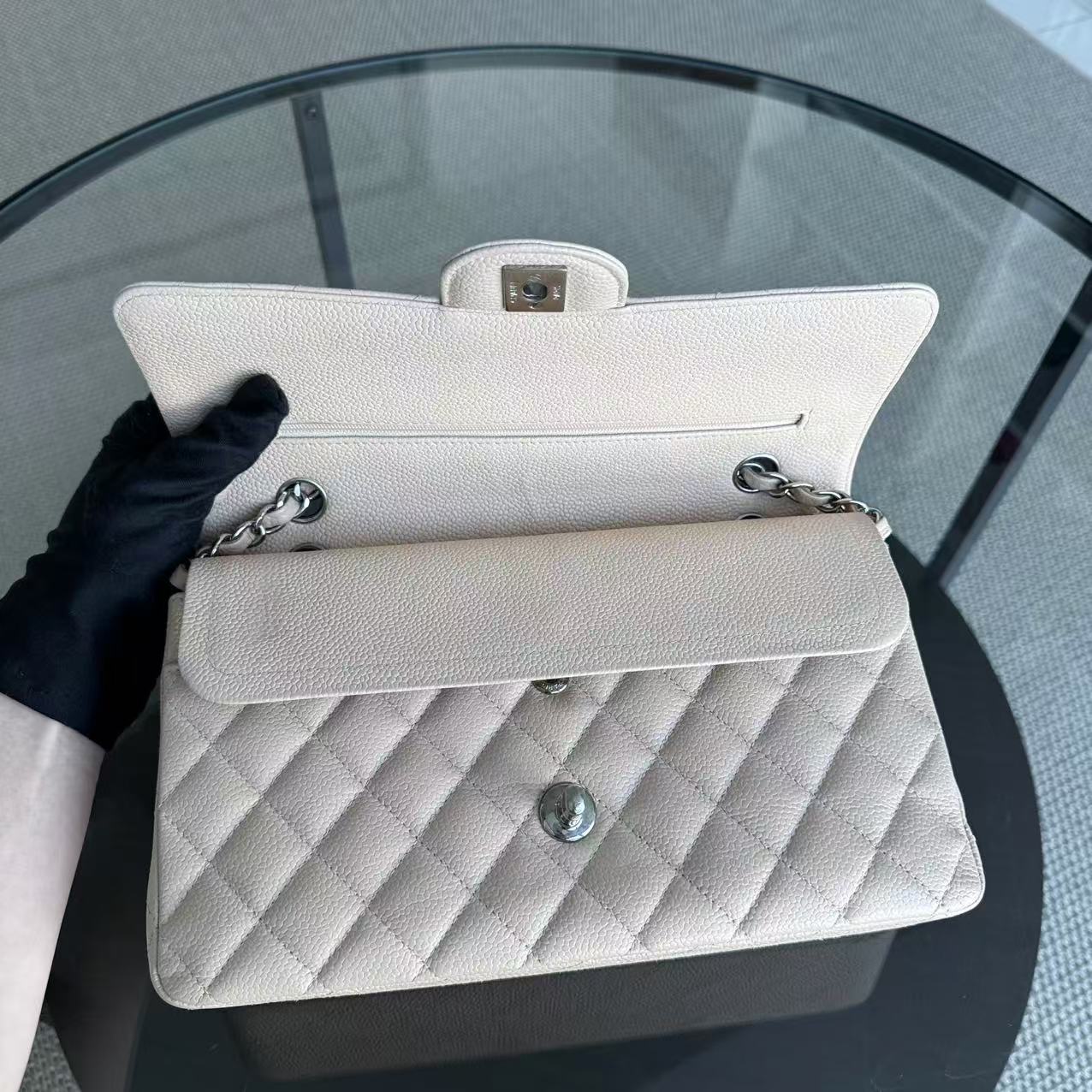 Chanel Classic Flap Medium - Caviar 25CM Quilted Light Beige Silver Hardware Series 18