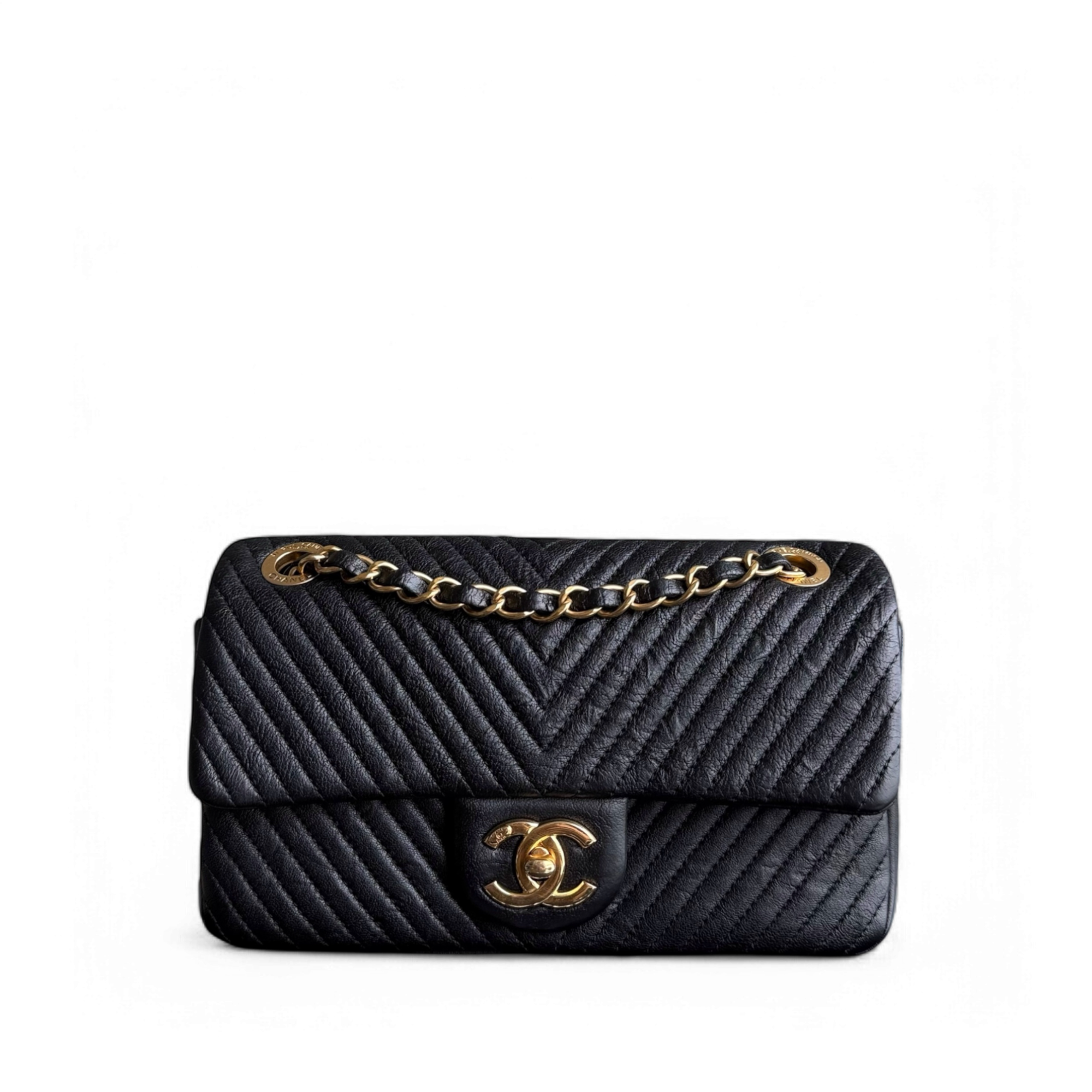 Chanel Seasonal Flap Herringbone - 23CM Calfskin Chevron Black Series 22