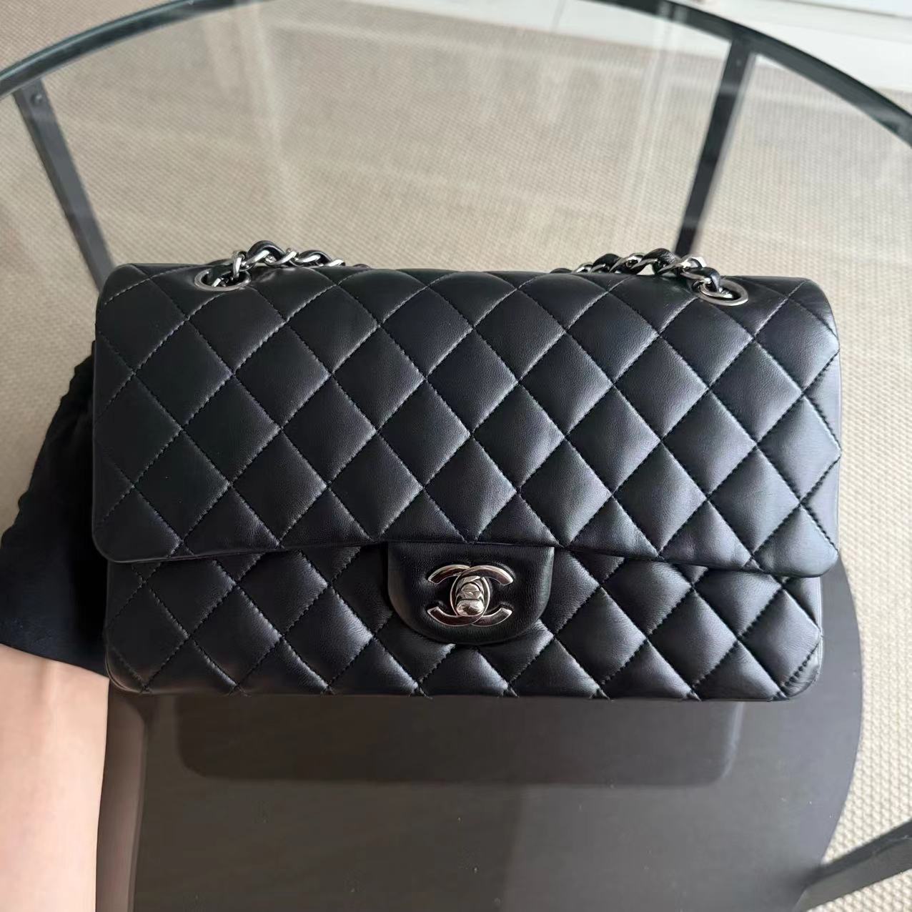 Chanel Classic Flap Medium - 25CM Double Flap Quilted Lambskin Black Silver Hardware Series 19