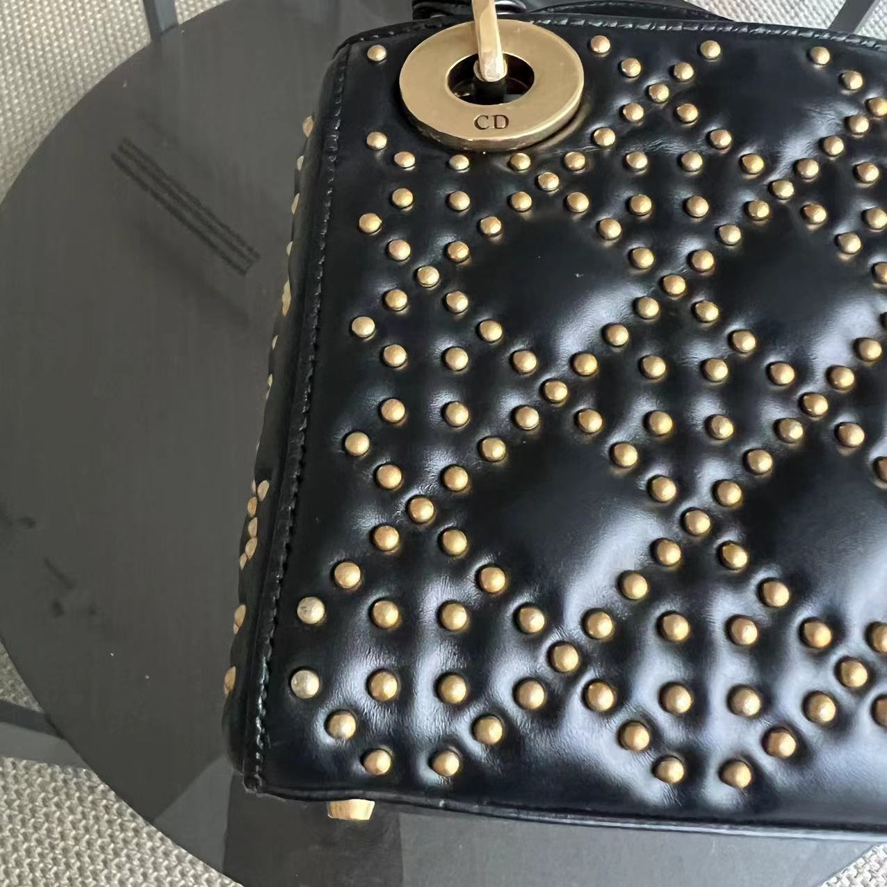 Lady Mini Studded Cannage Calfskin Black Golden Hardware