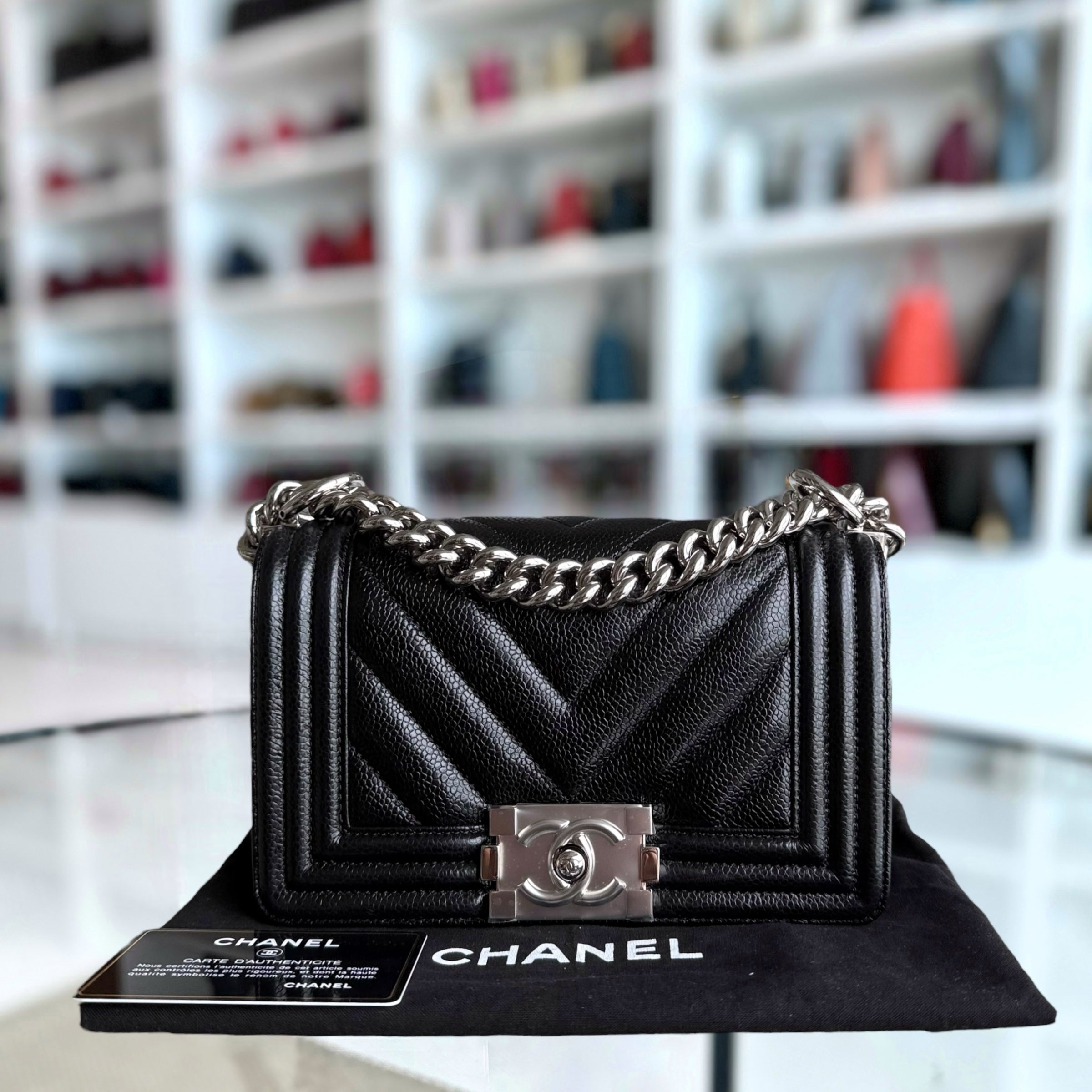 Chanel Boy Small - Caviar 20CM Chevron Black Silver Hardware Series 26