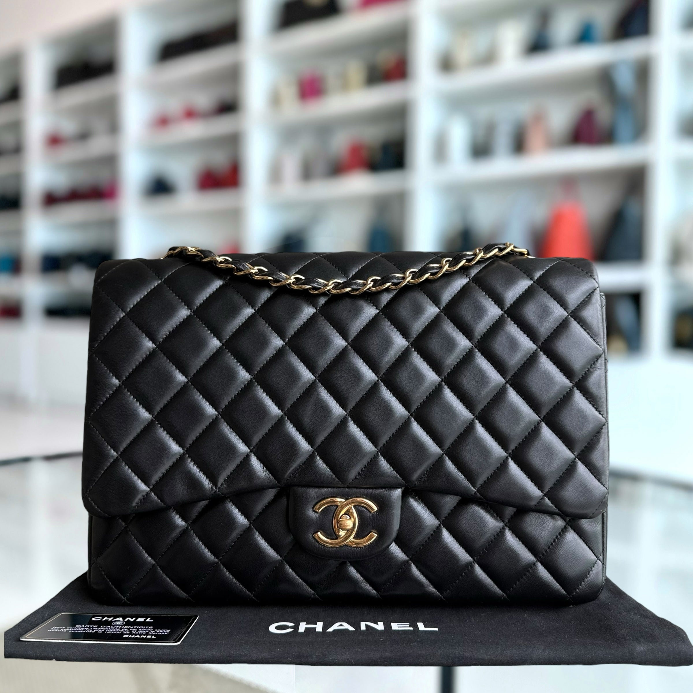 Chanel Classic Flap Maxi - 34CM Quilted Lambskin Double Flap Black Gold Hardware Series 14