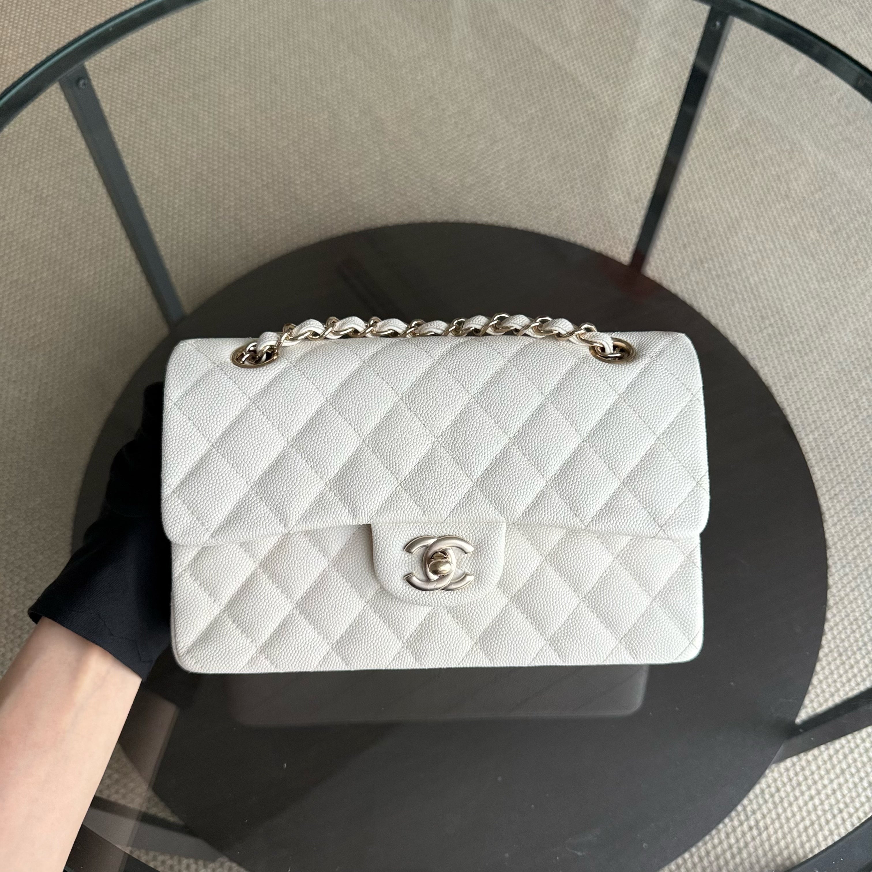 Chanel Classic Flap Small - Caviar 23CM Quilted Grained Calfskin White Light Gold Hardware Microchipped