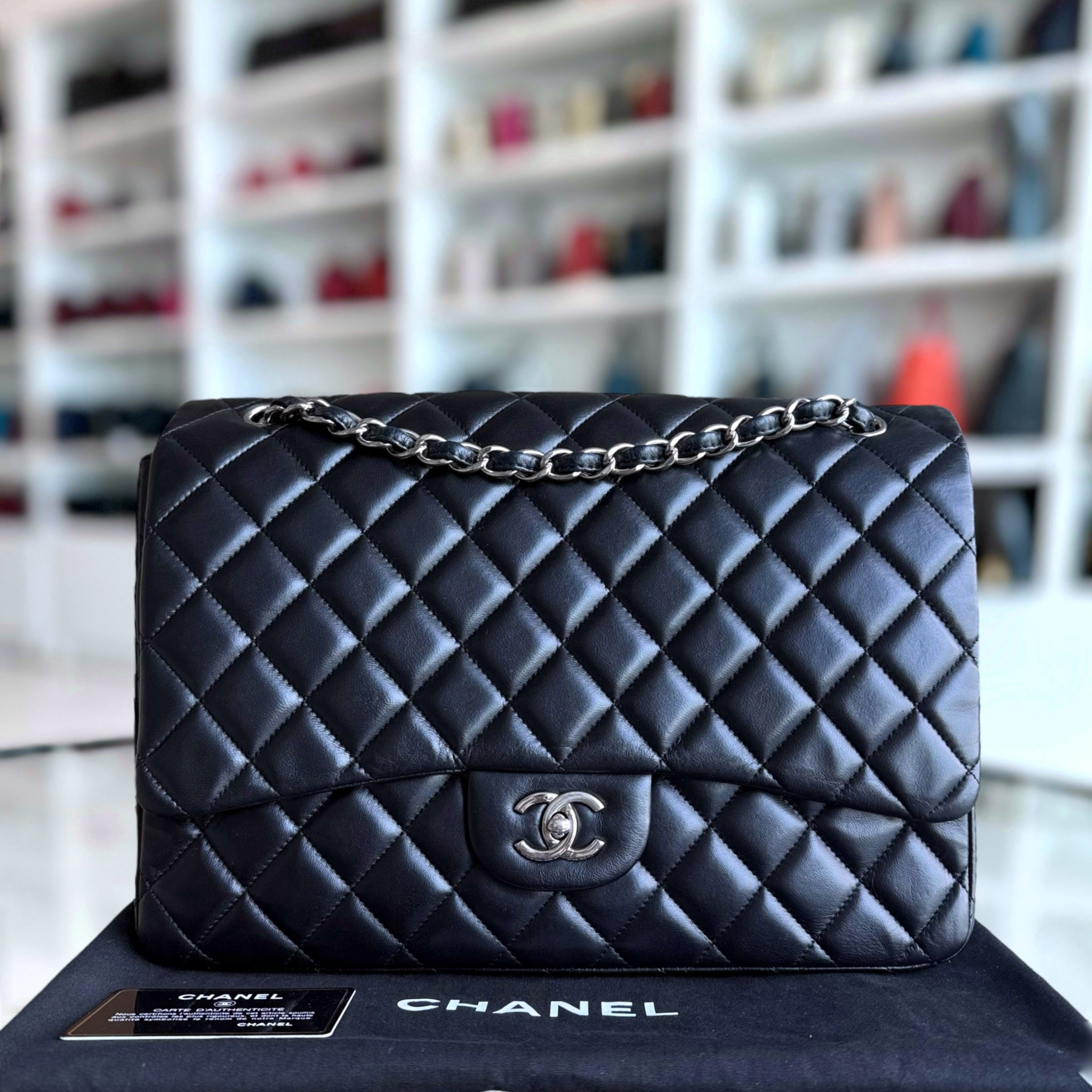 Chanel Classic Flap Maxi - 33CM Quilted Single Flap Lambskin Black Silver Hardware