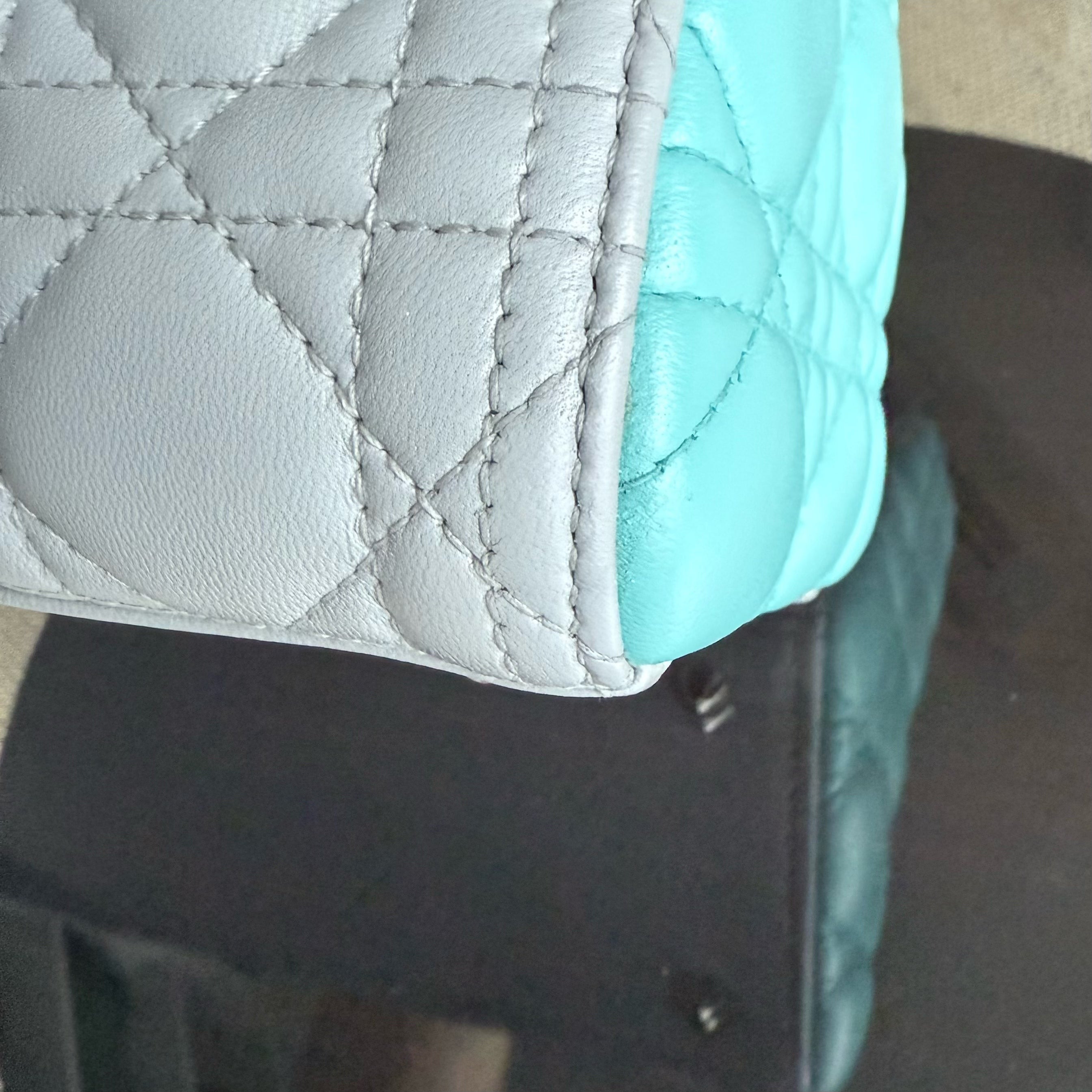 Dior Lady Medium - Cannage Lambskin Bi-Color Cyan Grey Gray Silver Hardware