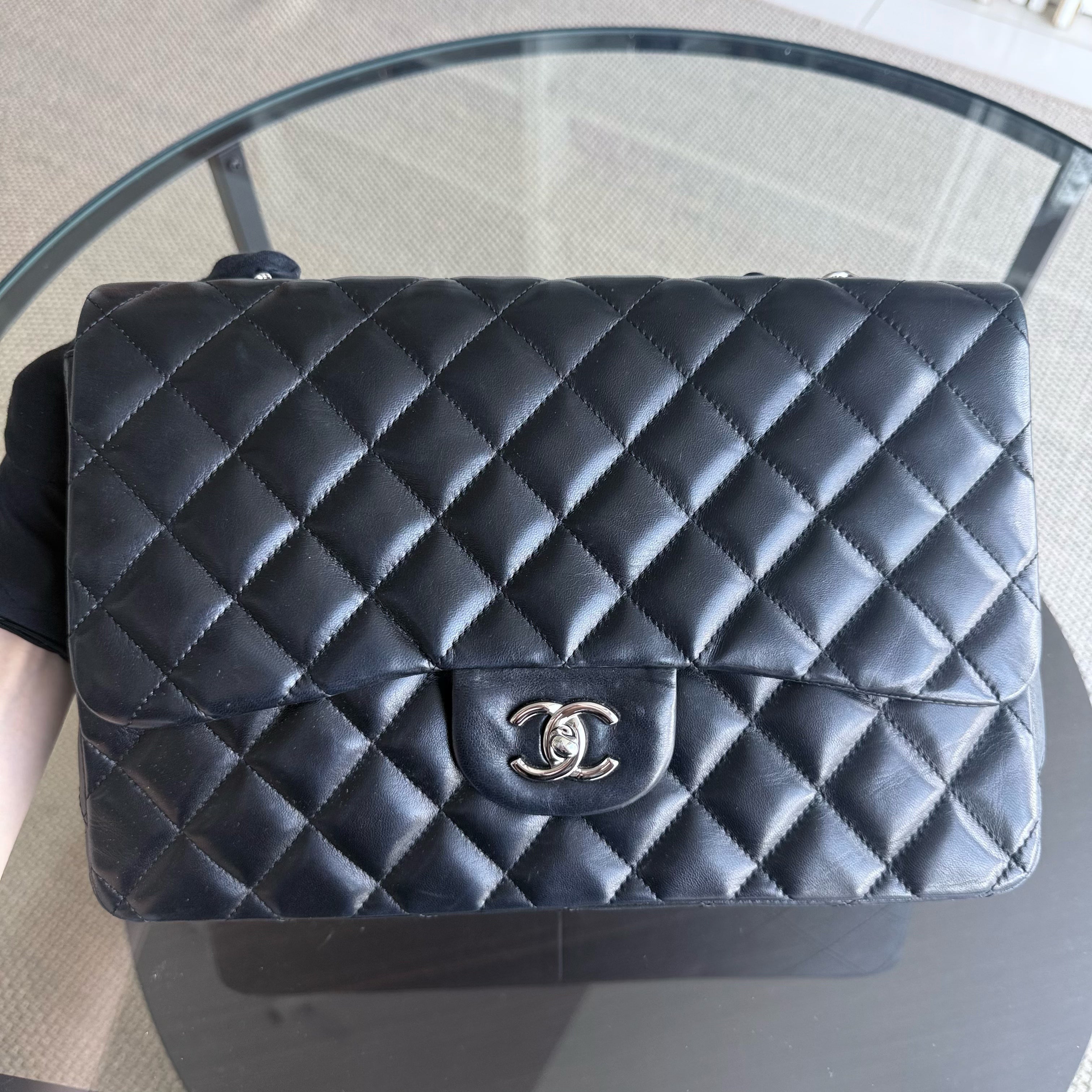 Chanel Classic Flap Jumbo - 30CM Quilted Lambskin Single Flap Black Silver Hardware