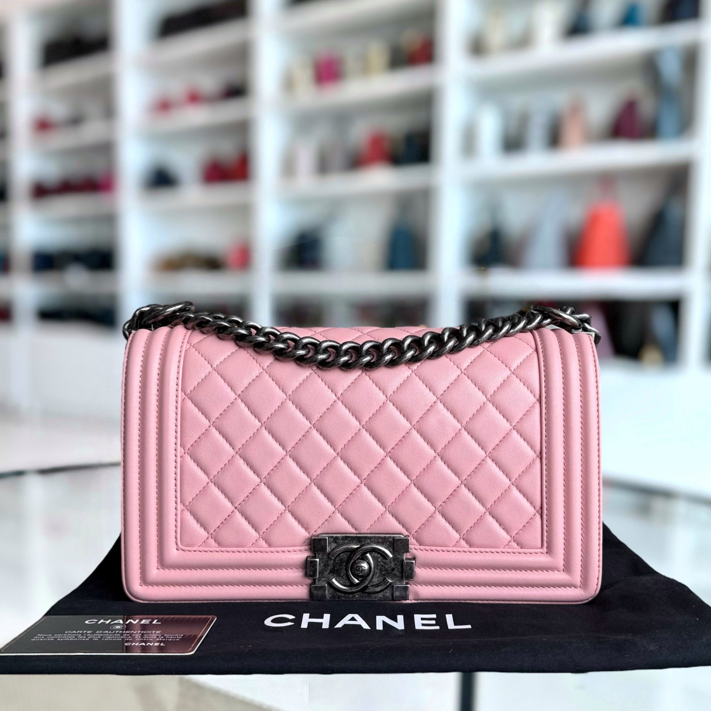 Chanel Boy Medium - 25CM Quilted Lambskin Light Pink Ruthenium Silver Hardware Series 20