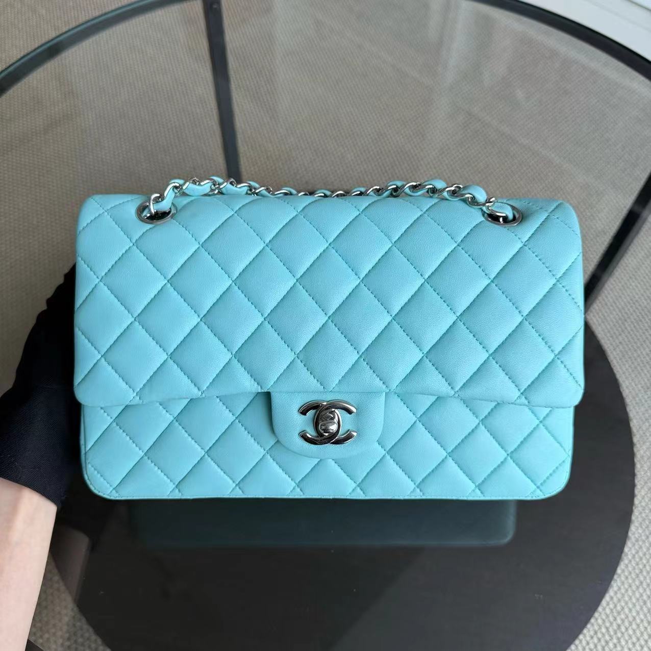 Chanel Classic Flap Medium - 25CM Double Flap Quilted Lambskin Tiffany Blue Silver Hardware Series 27