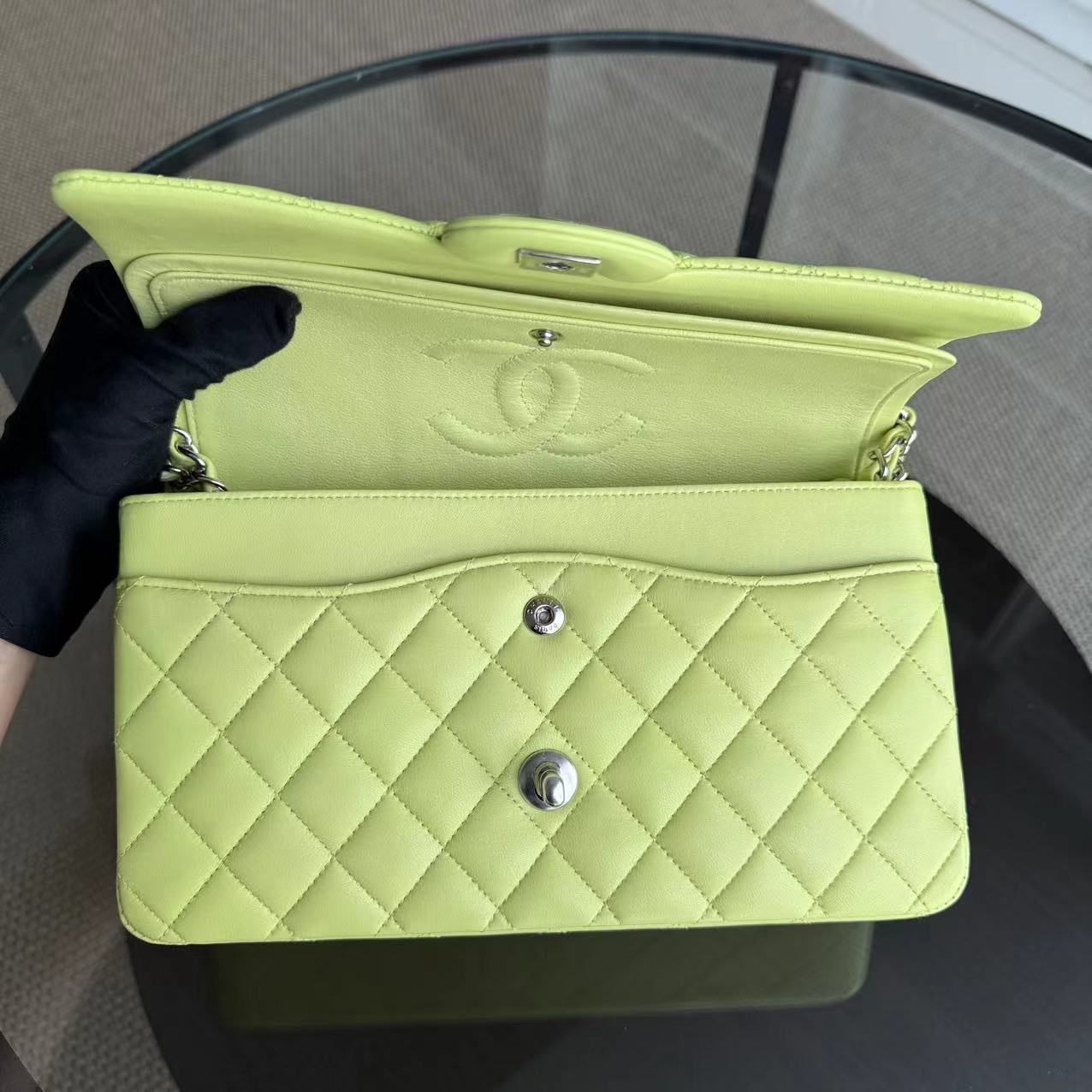 *Full Set, Receipt* Chanel Classic Flap Medium Quilted Lambskin Light Yellow Silver Hardware