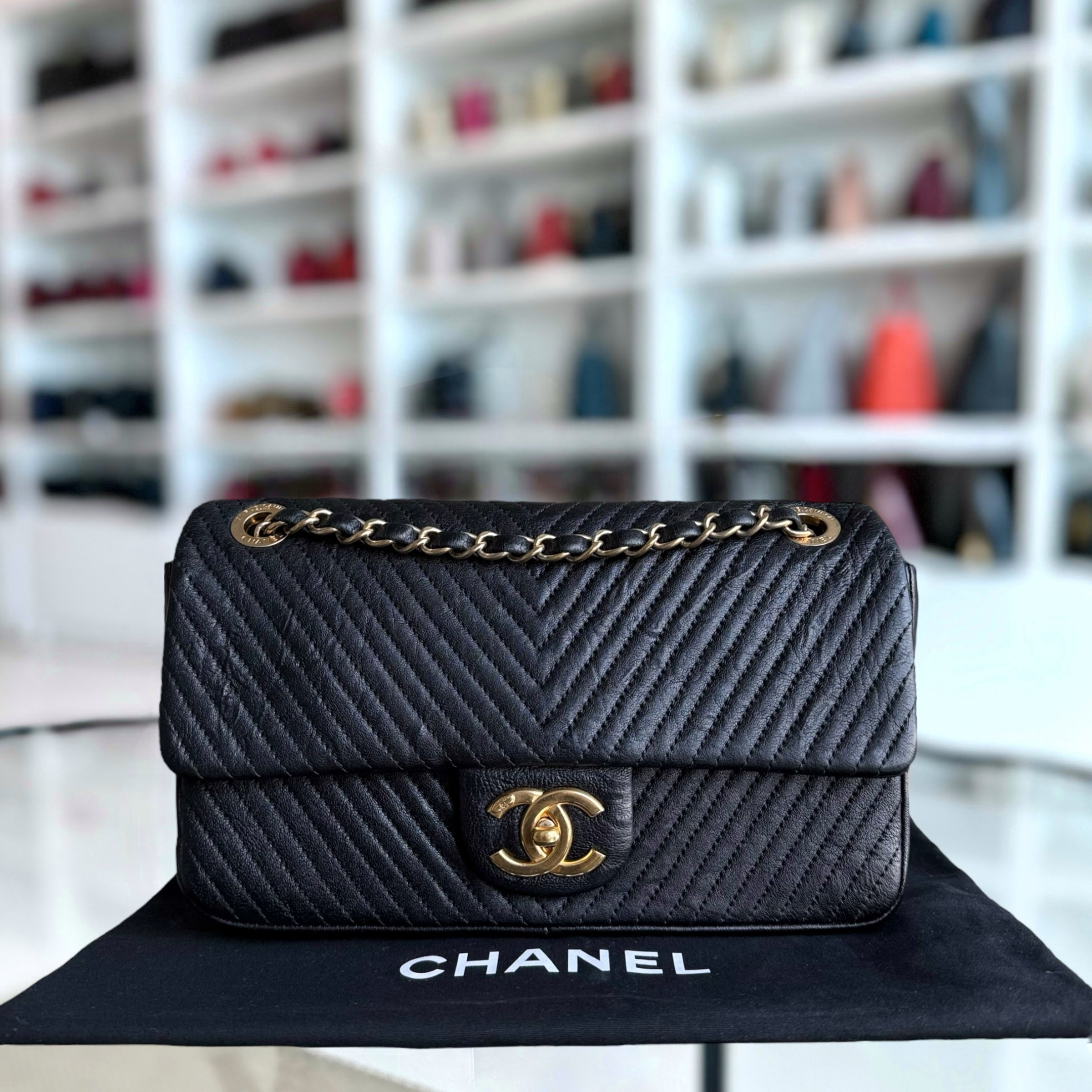 Chanel Seasonal Herringbone Medium Flap - 25CM Calfskin Chevron Black Distressed Aged Gold Hardware Series 20