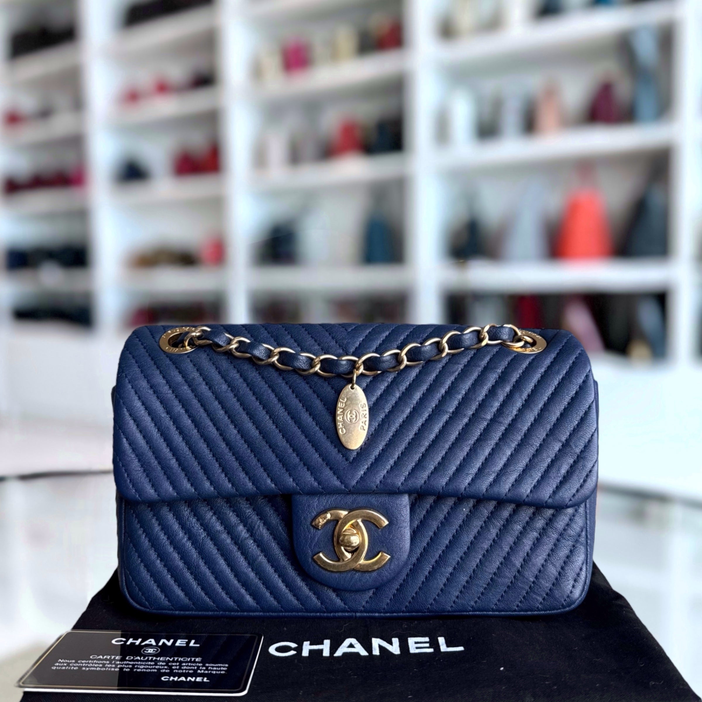 Chanel Seasonal Flap Herringbone - 23CM Calfskin Chevron Blue Distressed Aged Gold Hardware Series 21