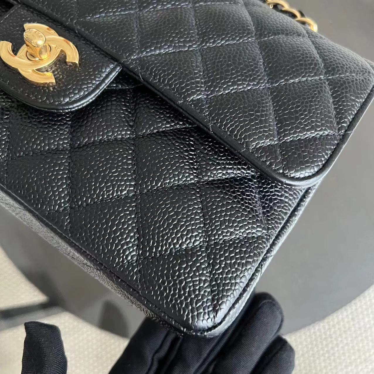 Small Caviar Classic Flap Quilted Grained Calfskin Black Golden Hardware Series 15