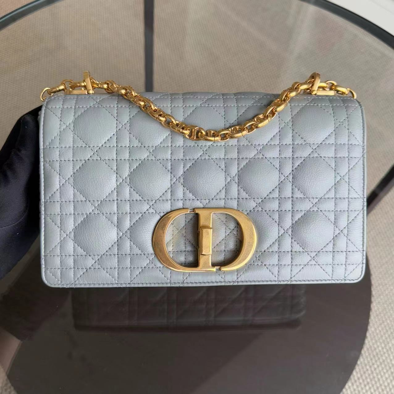 Dior Caro Medium - 25CM Cannage Calfskin Grey Gray Gold Hardware